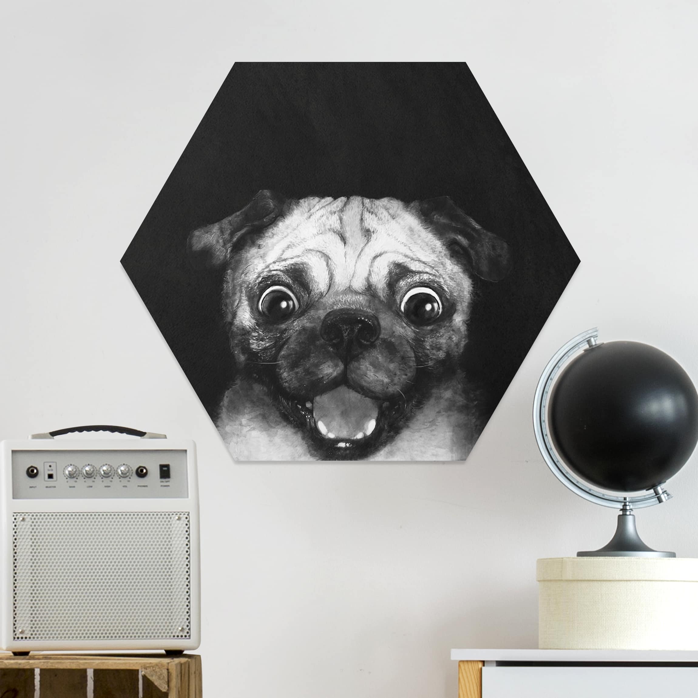 Hexagon-Forexbild Illustration Hund Mops Malerei auf Schwarz Weiß