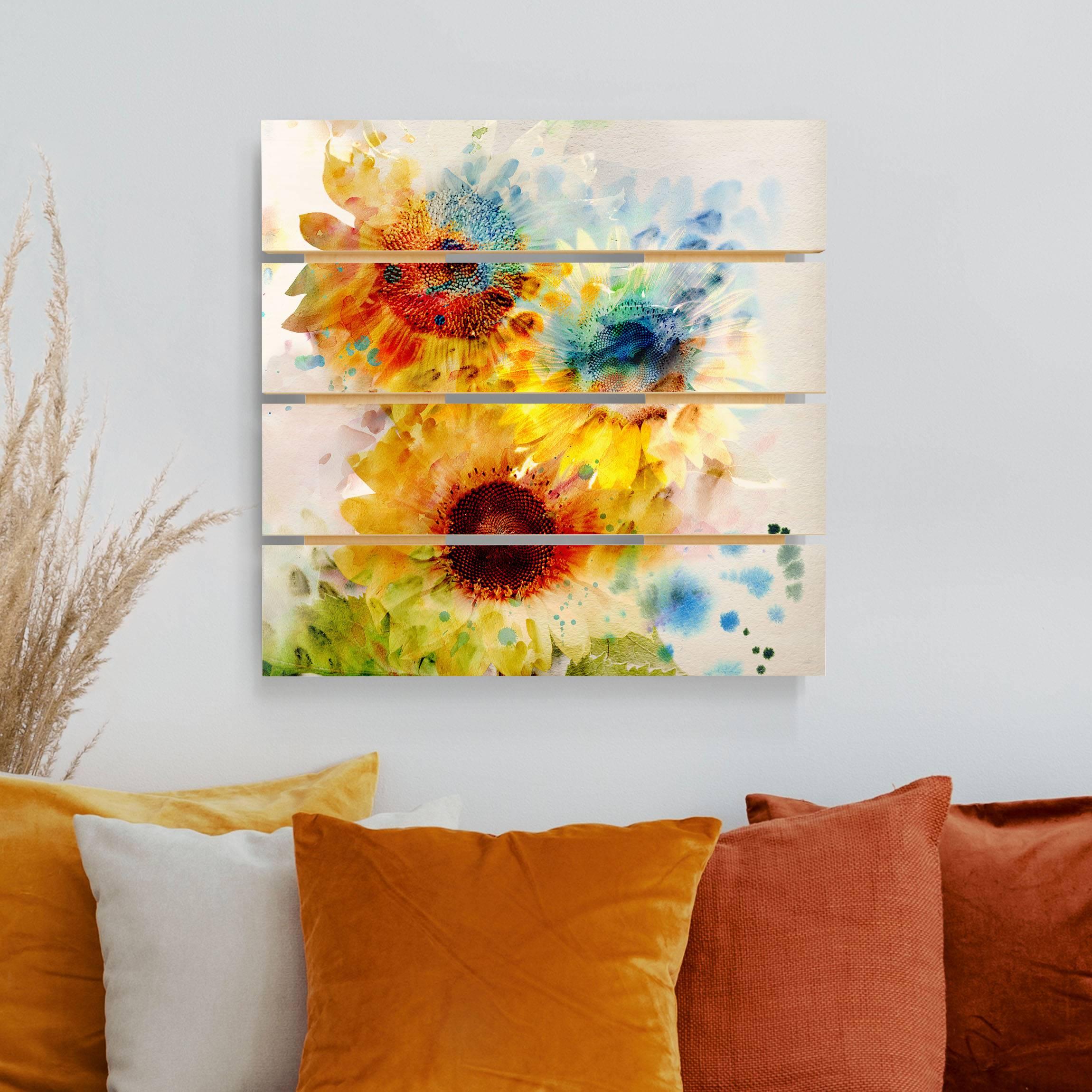 Holzbild Plankenoptik Aquarell Blumen Sonnenblumen