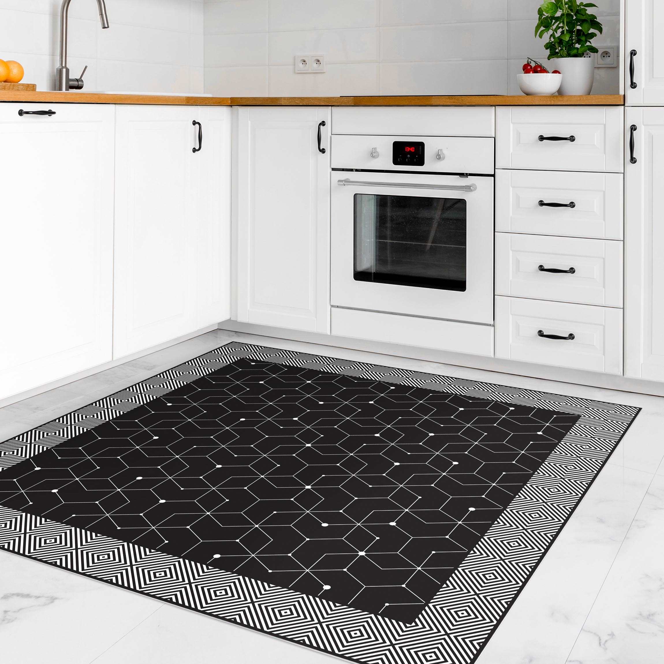 Vinylteppich Geometrische Fliesen Punktlinien Schwarz mit Bordüre