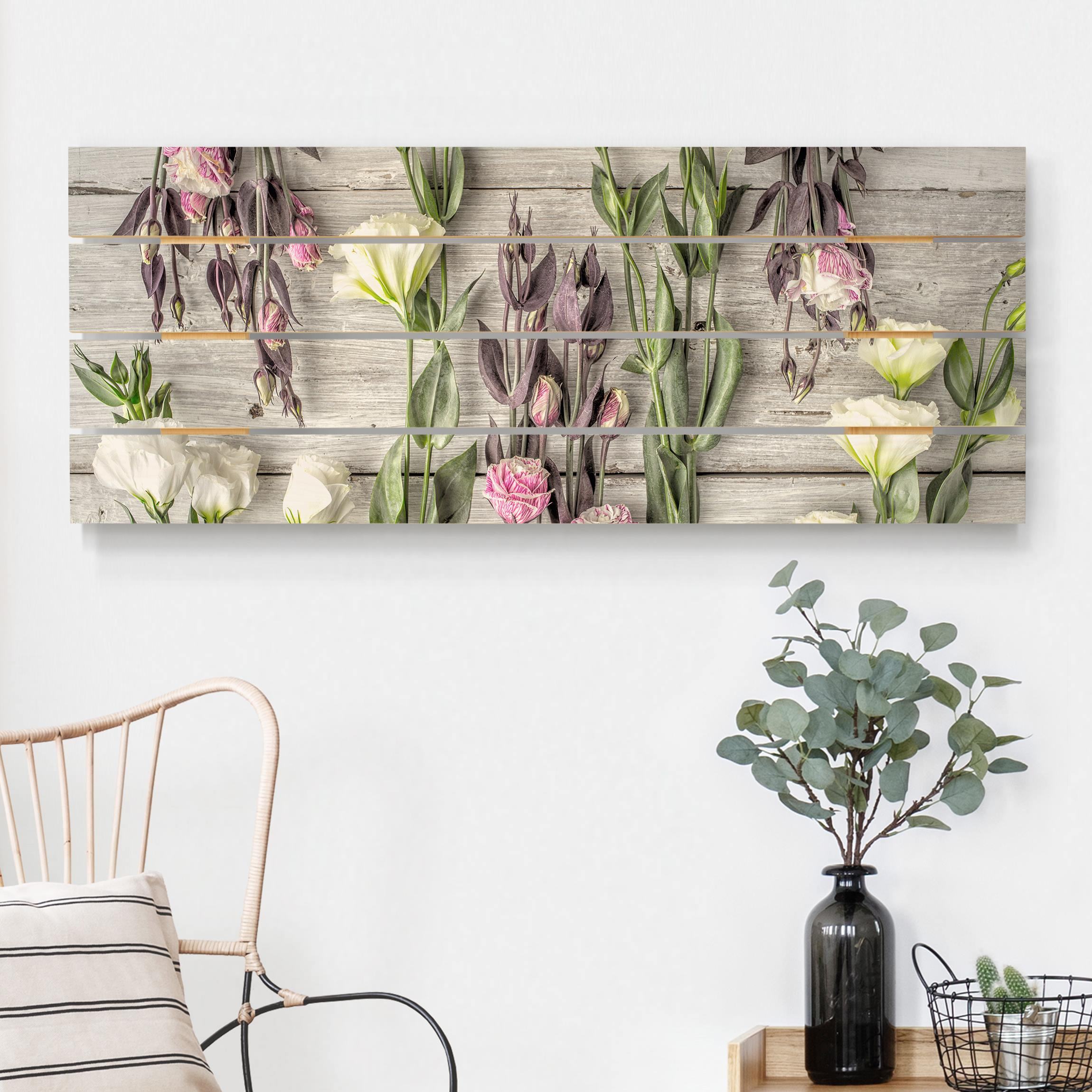 Holzbild Plankenoptik - Panorama Shabby Rosen auf Holz