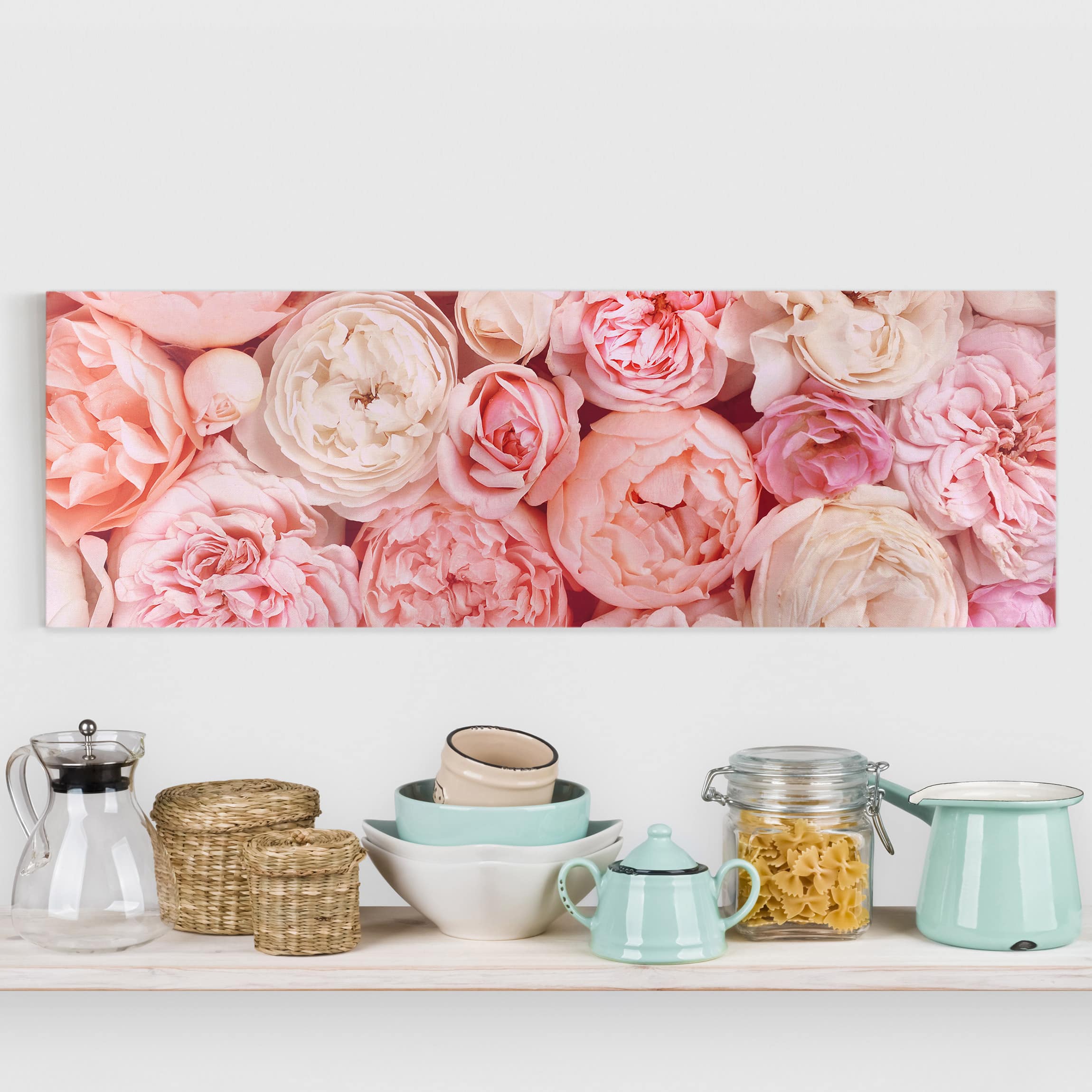 Leinwandbild - Panorama Rosen Rosé Koralle Shabby