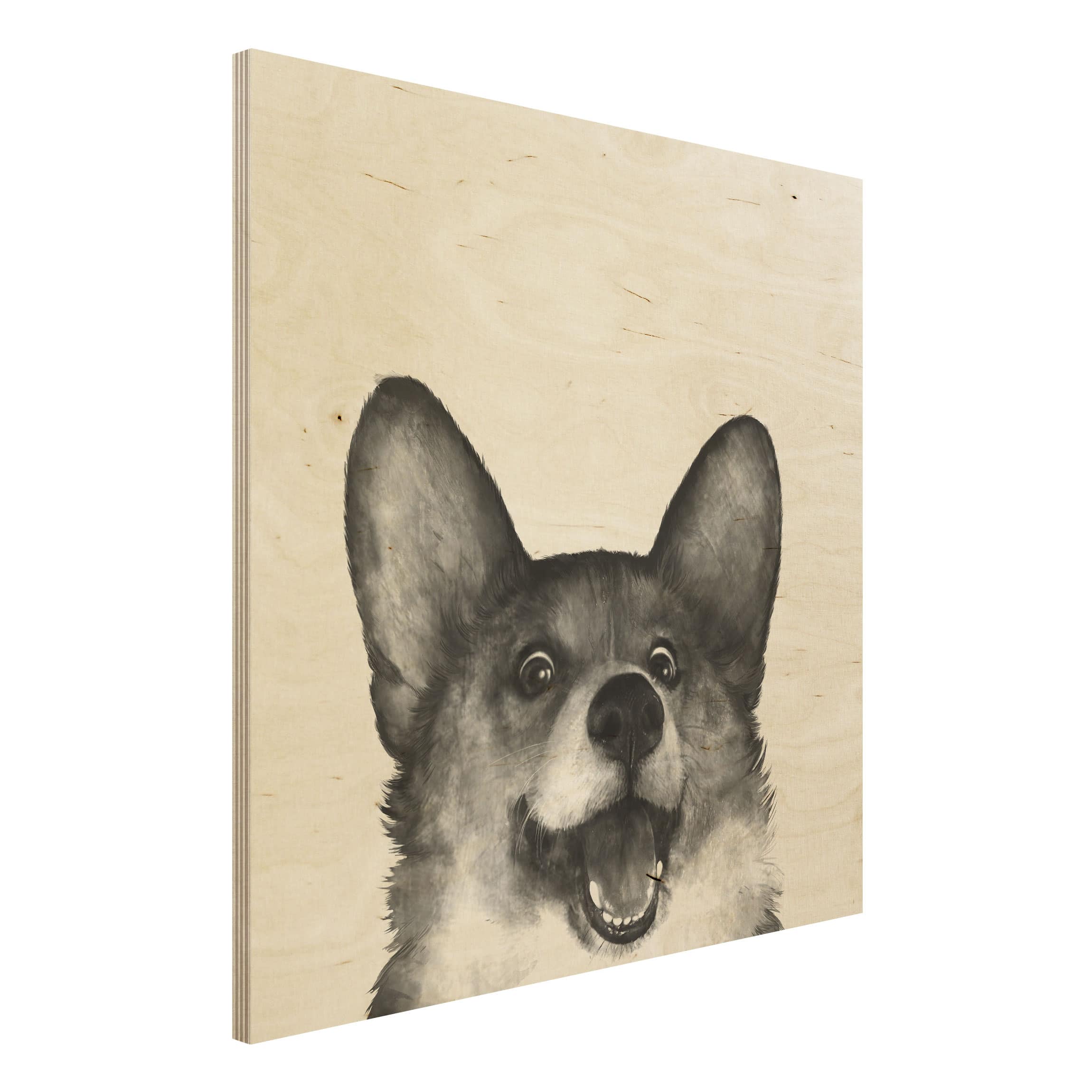 Holzbild - Quadrat Illustration Hund Corgi Weiß Schwarz Malerei