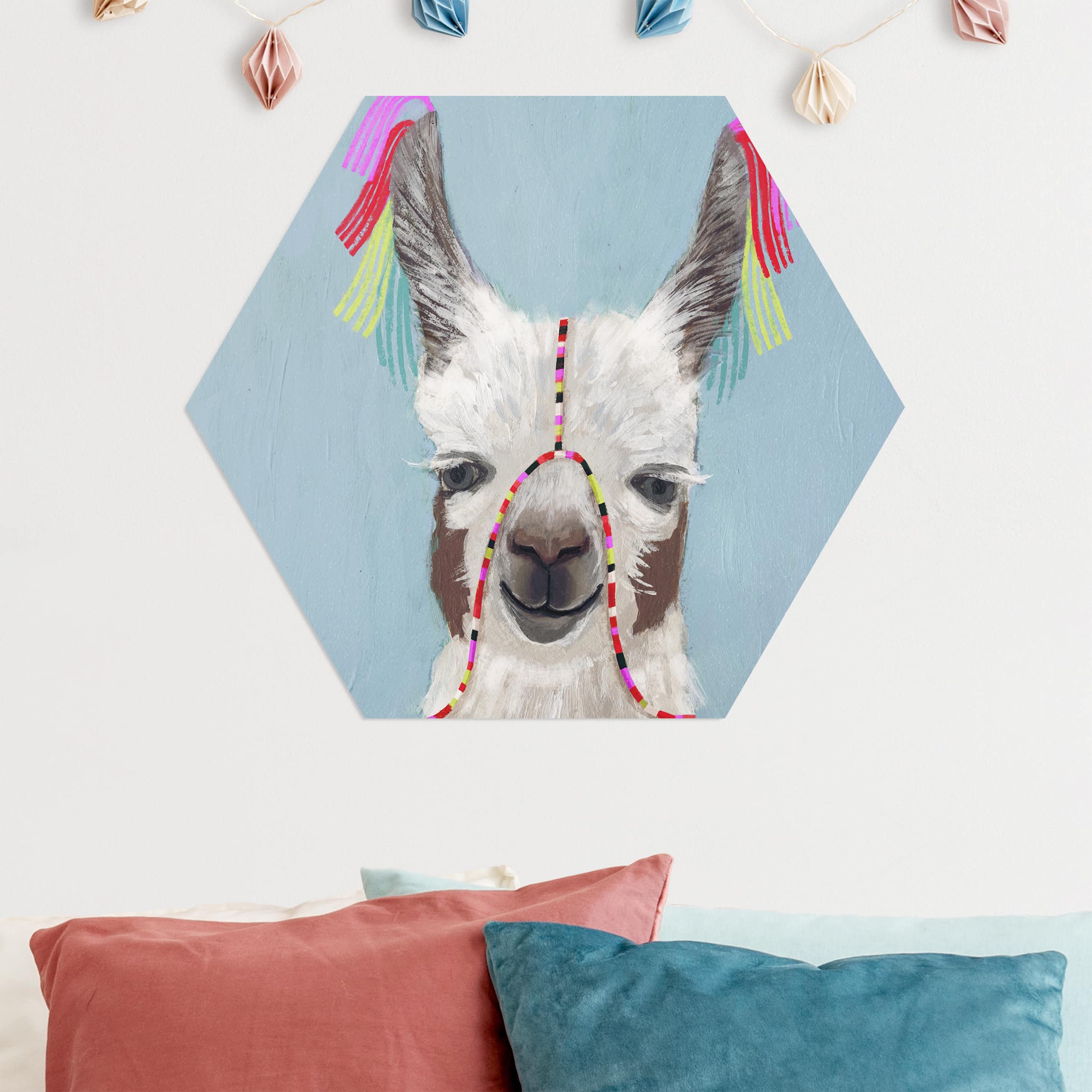Hexagon-Alu-Dibond Bild Lama mit Schmuck III