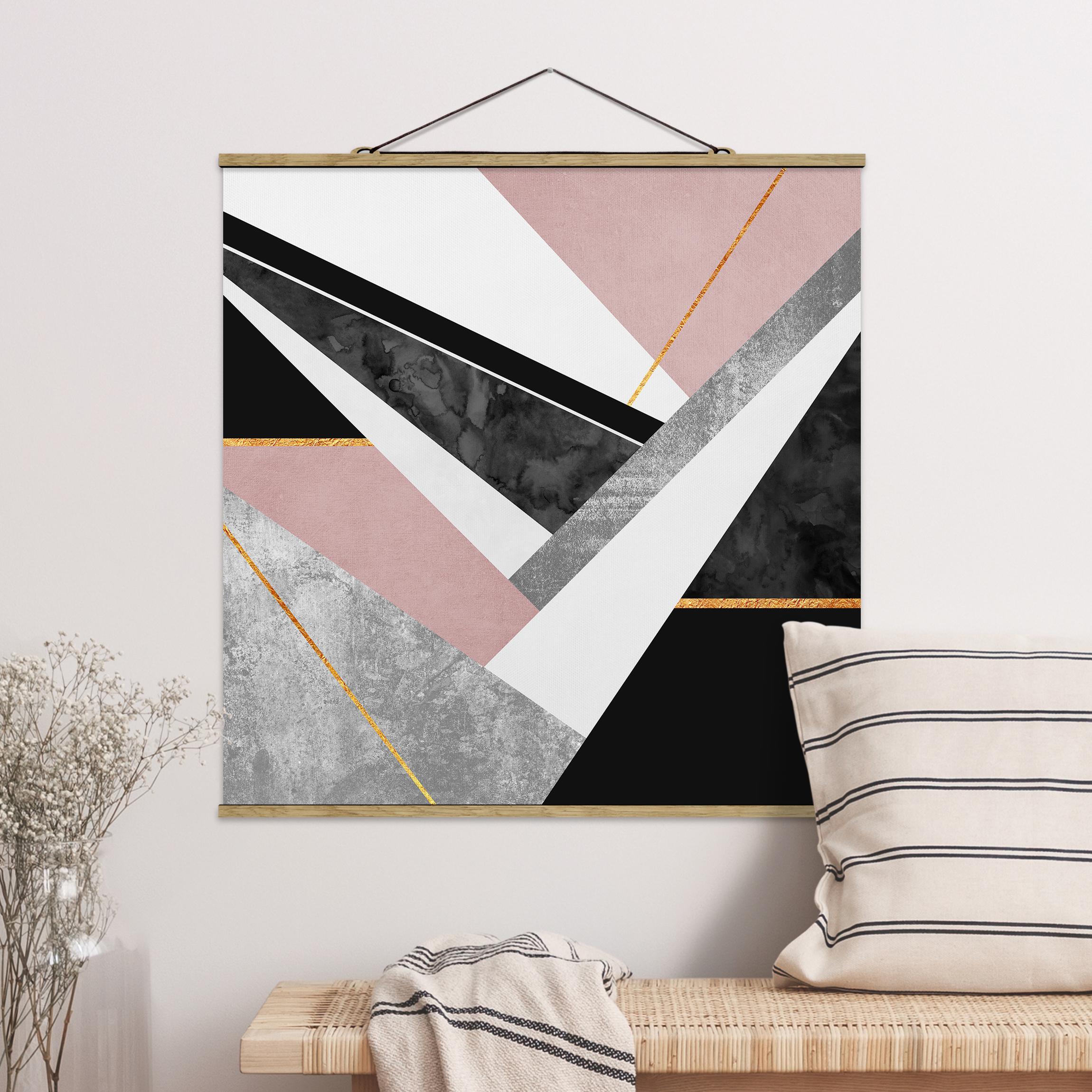 Stoffbild mit Posterleisten Schwarz Weiß Geometrie mit Gold