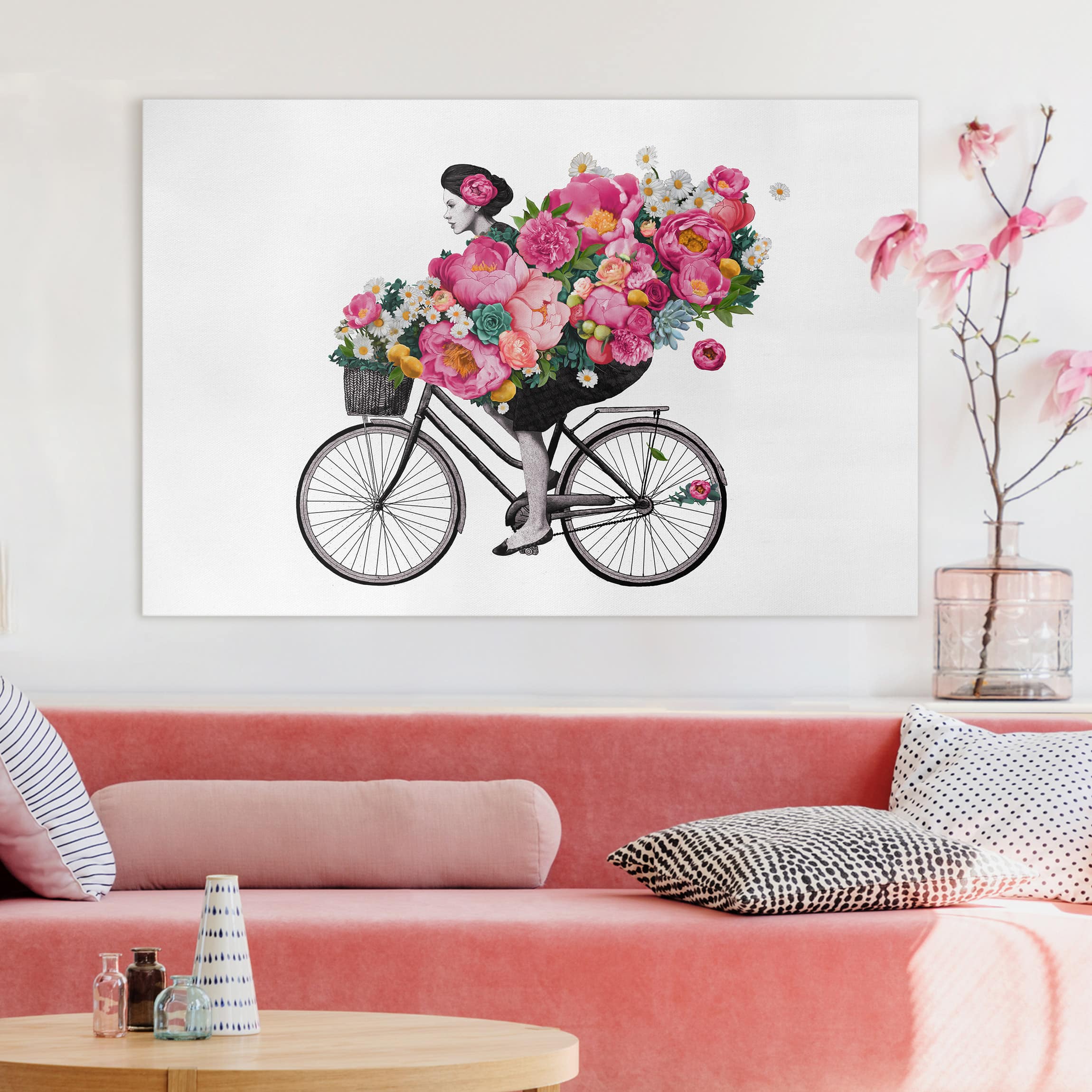 Leinwandbild - Querformat Illustration Frau auf Fahrrad Collage bunte Blumen