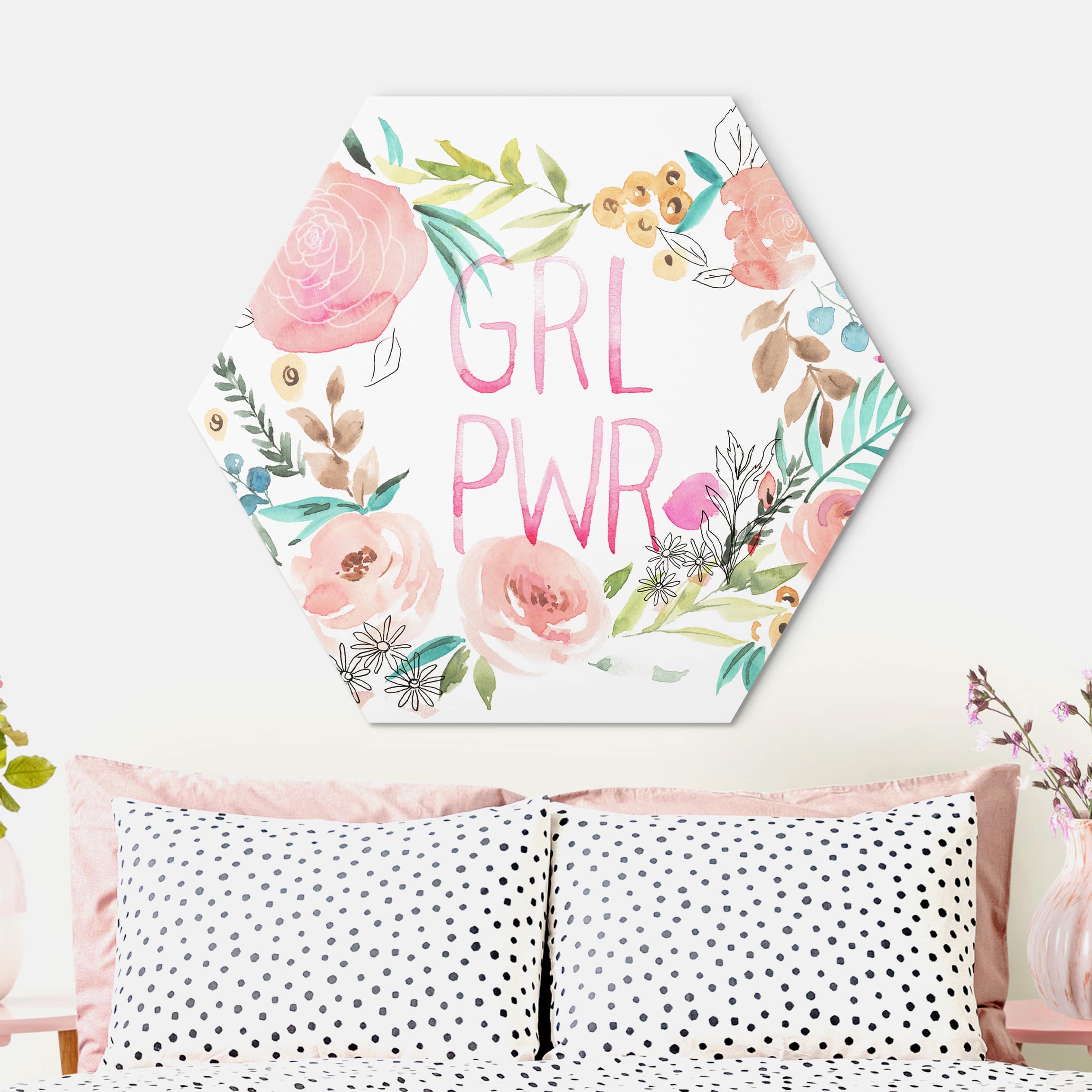 Hexagon-Alu-Dibond Bild Rosa Blüten - Girl Power