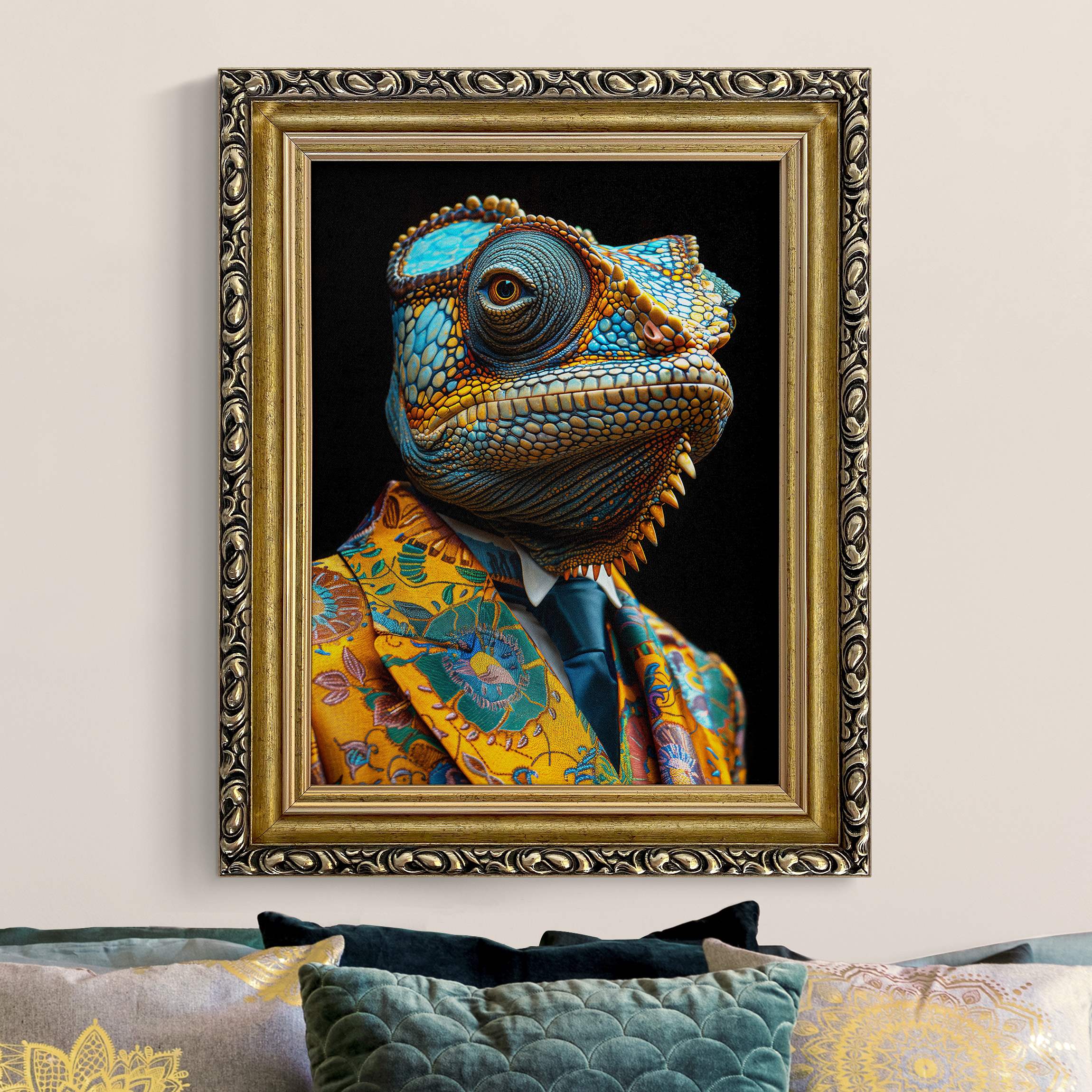 Leinwandbild mit Barockrahmen Chamäleon im Anzug