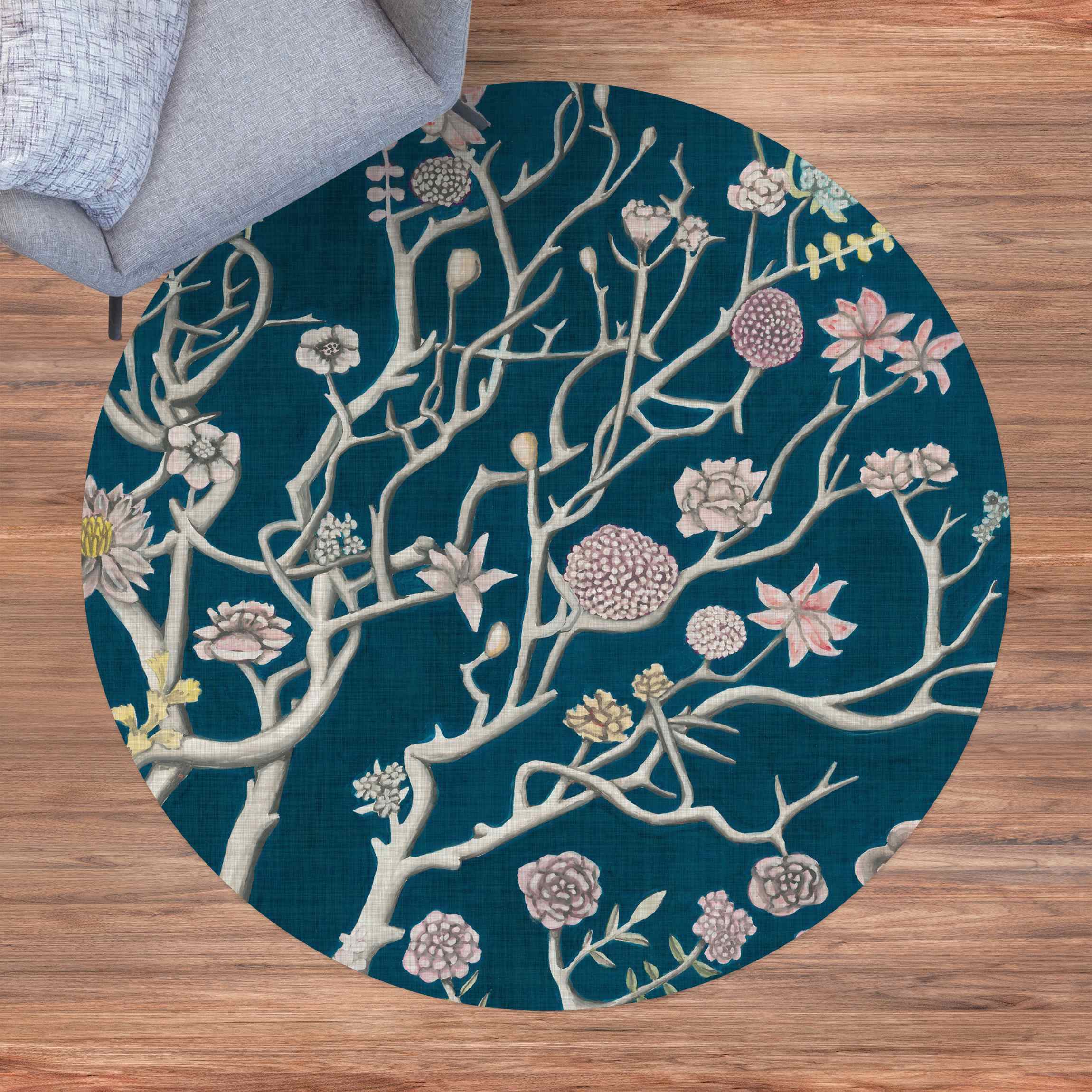 Runder Vinyl-Teppich Chinoiserie Blumen in der Nacht II