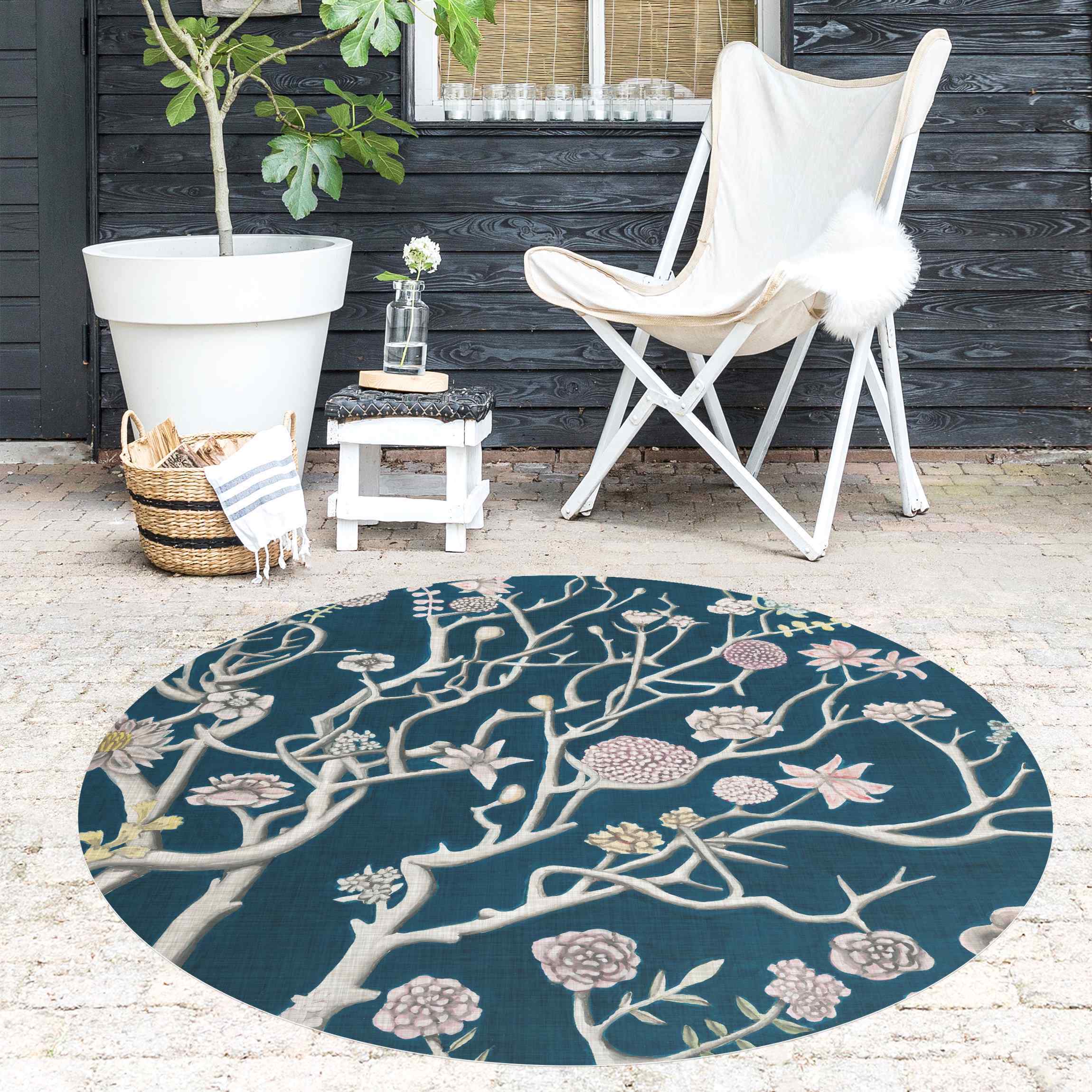 Runder Vinyl-Teppich Chinoiserie Blumen in der Nacht II