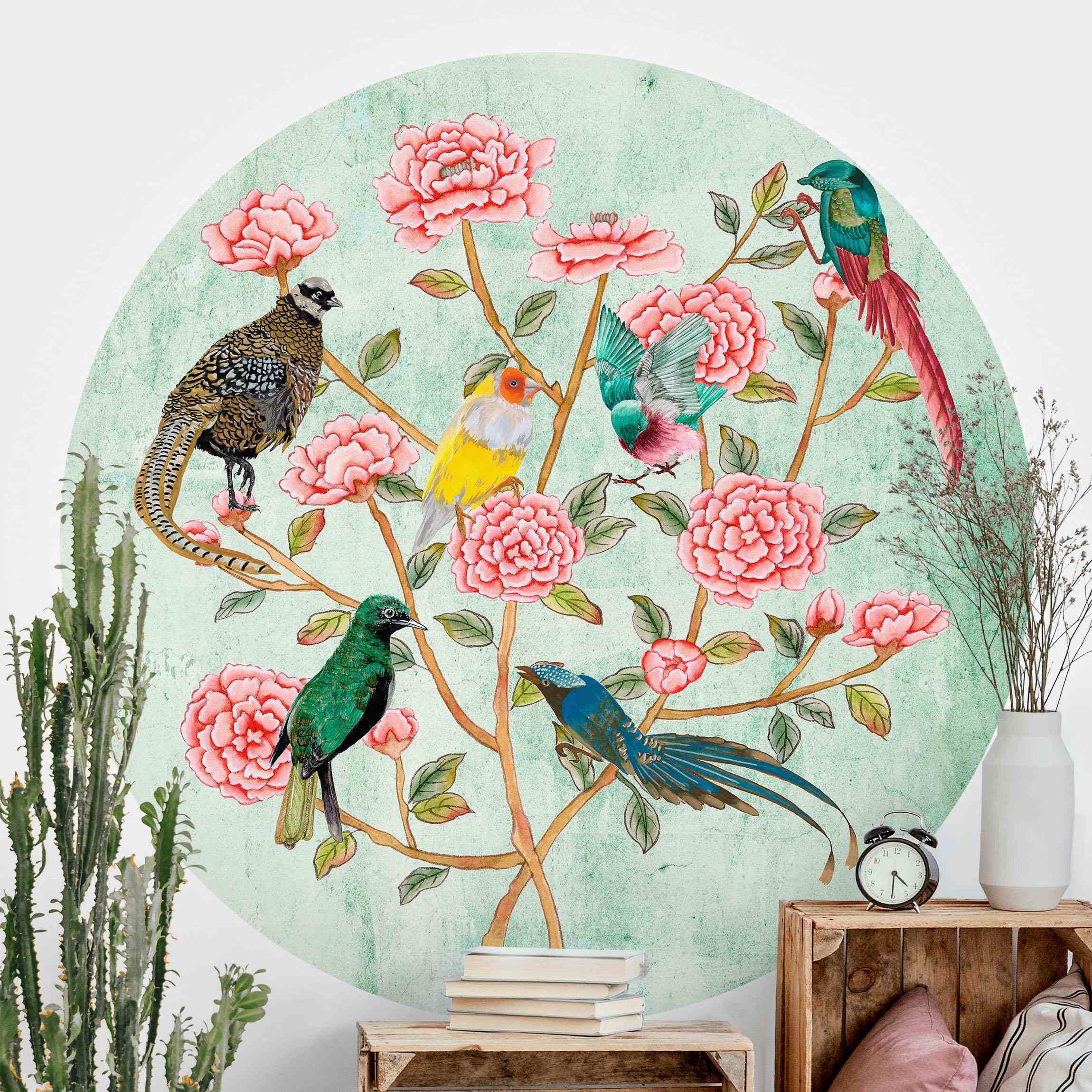 Runde Fototapete selbstklebend Chinoiserie Collage in Mint II