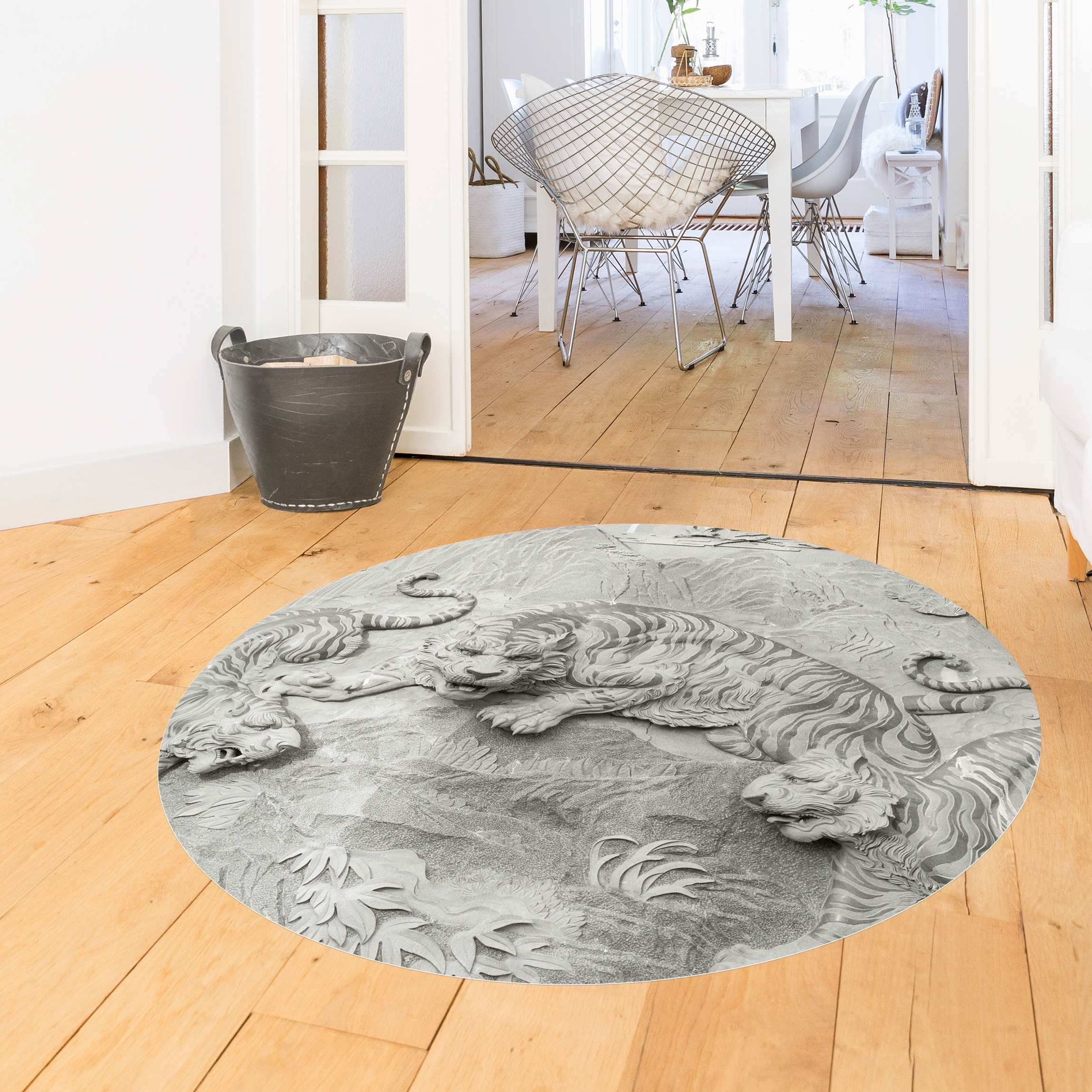 Runder Vinyl-Teppich Chinoiserie Tiger in Steinoptik