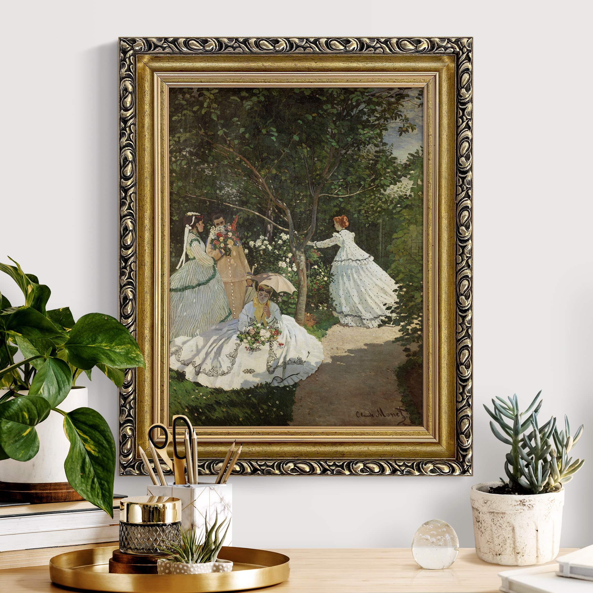 Leinwandbild mit Barockrahmen Claude Monet - Frau im Garten