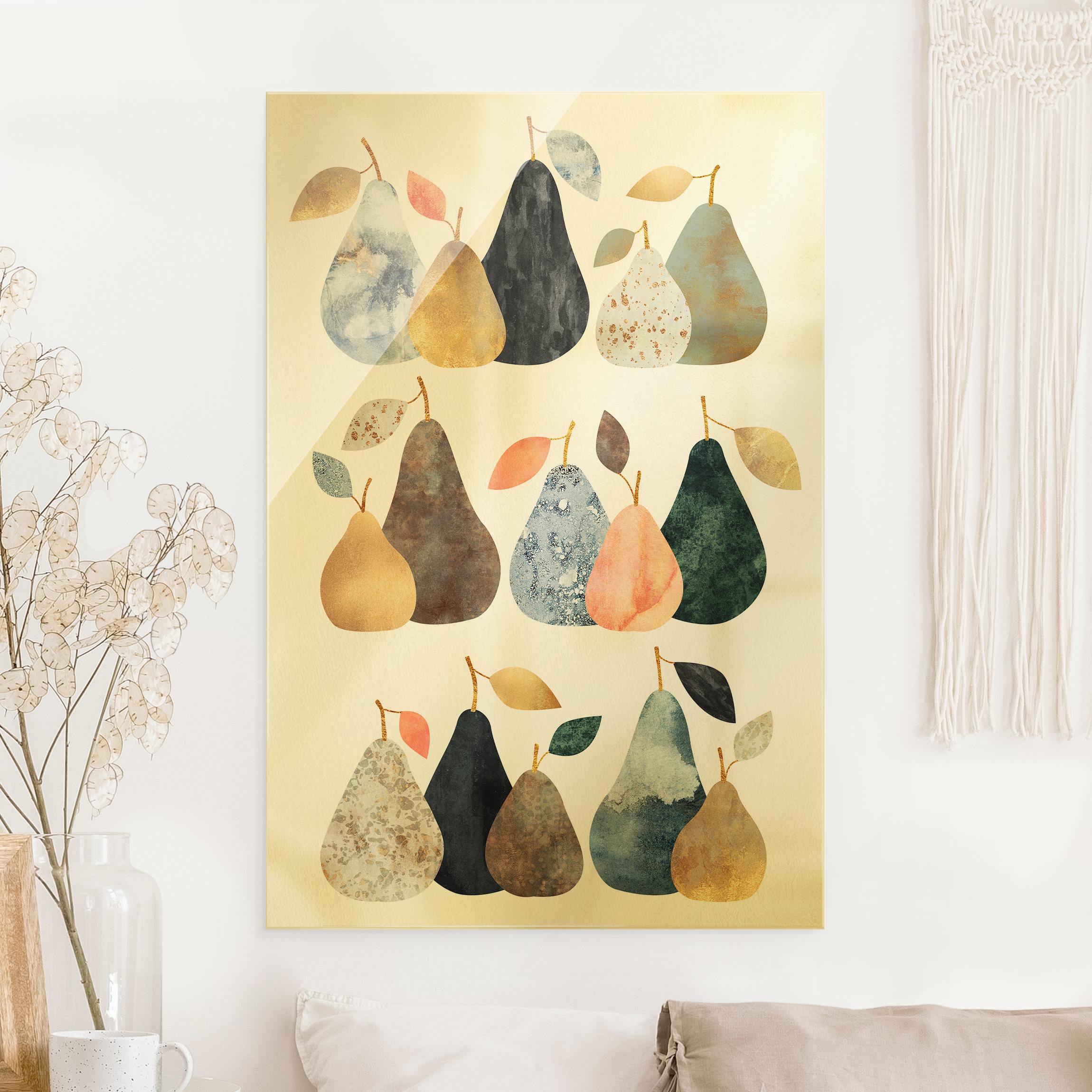 Glasbild Collage Goldene Birnen