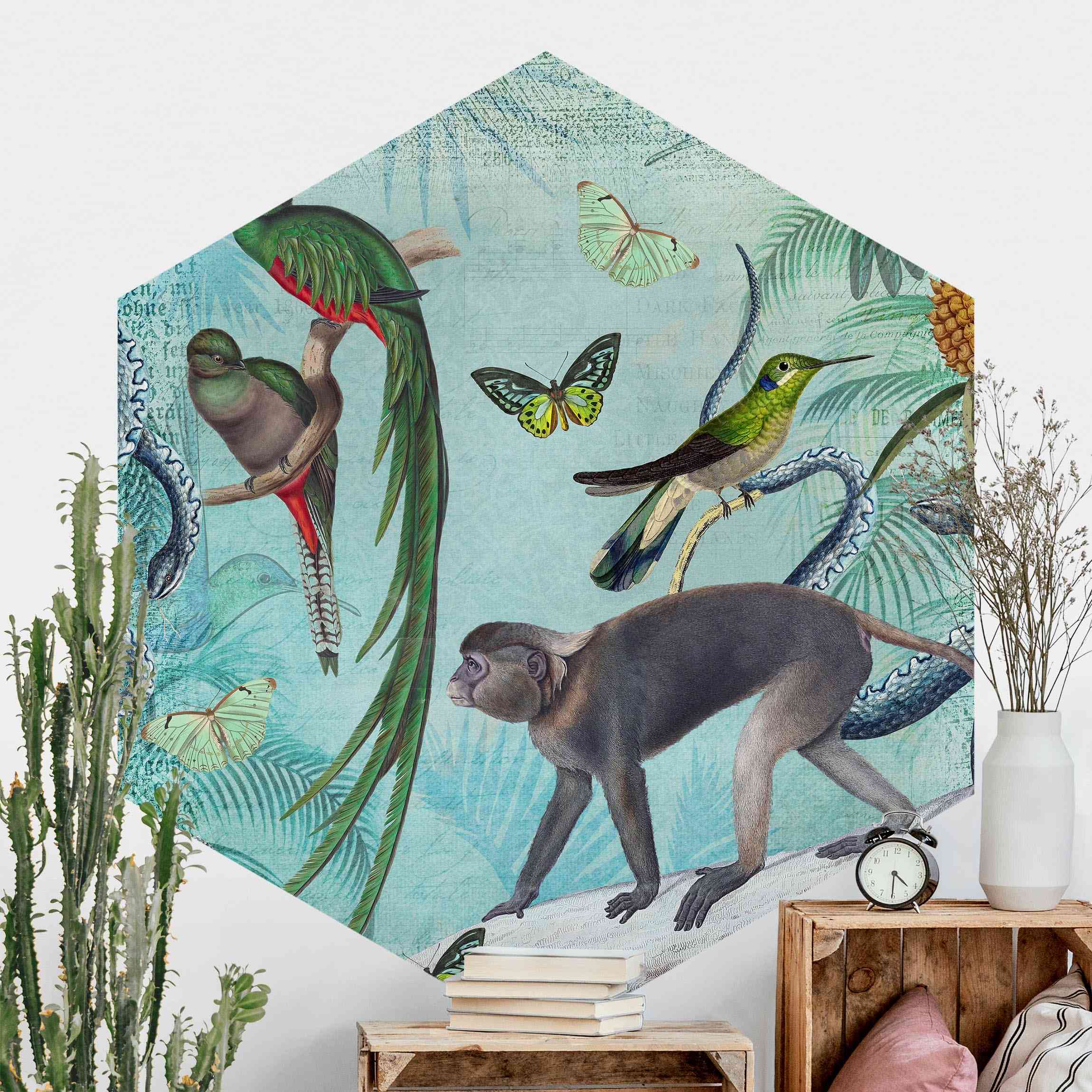 Hexagon Fototapete Colonial Style Collage - Äffchen und Paradiesvögel