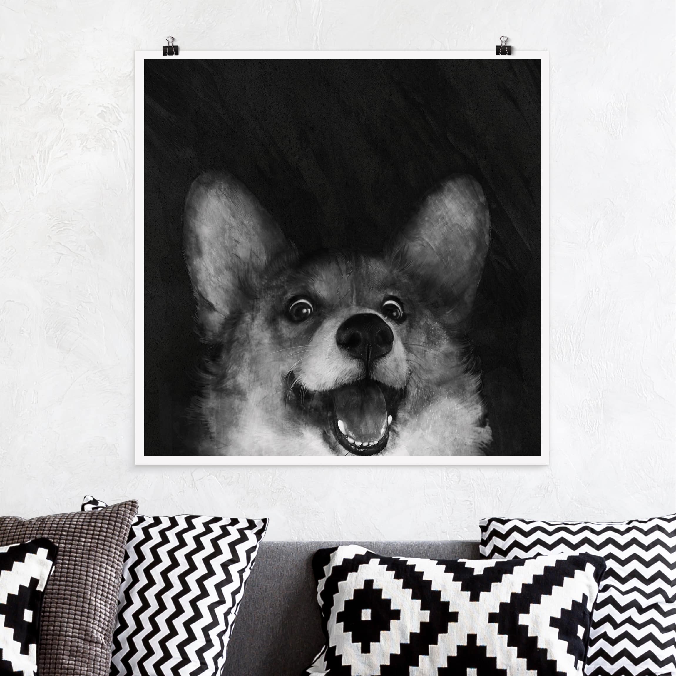 Poster - Quadrat Illustration Hund Corgi Malerei Schwarz Weiß