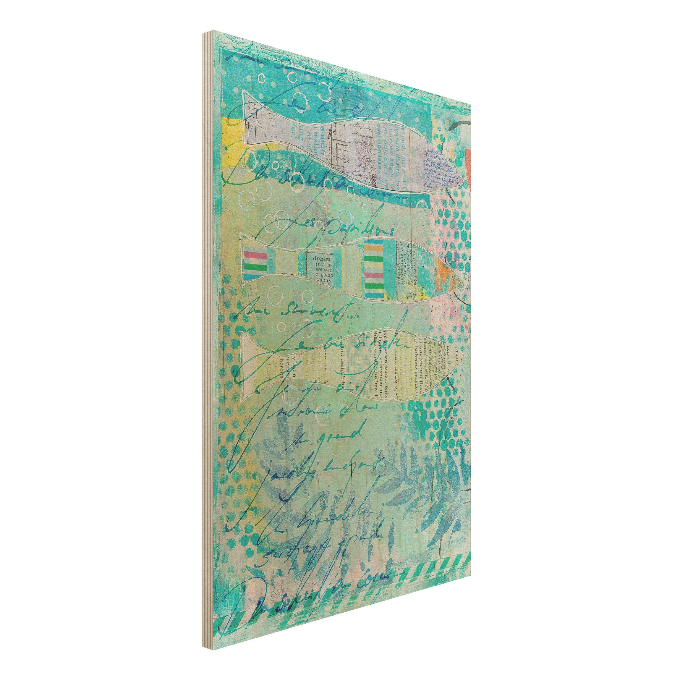 Holzbild - Hochformat 2:3 Bunte Collage - Fische und Punkte