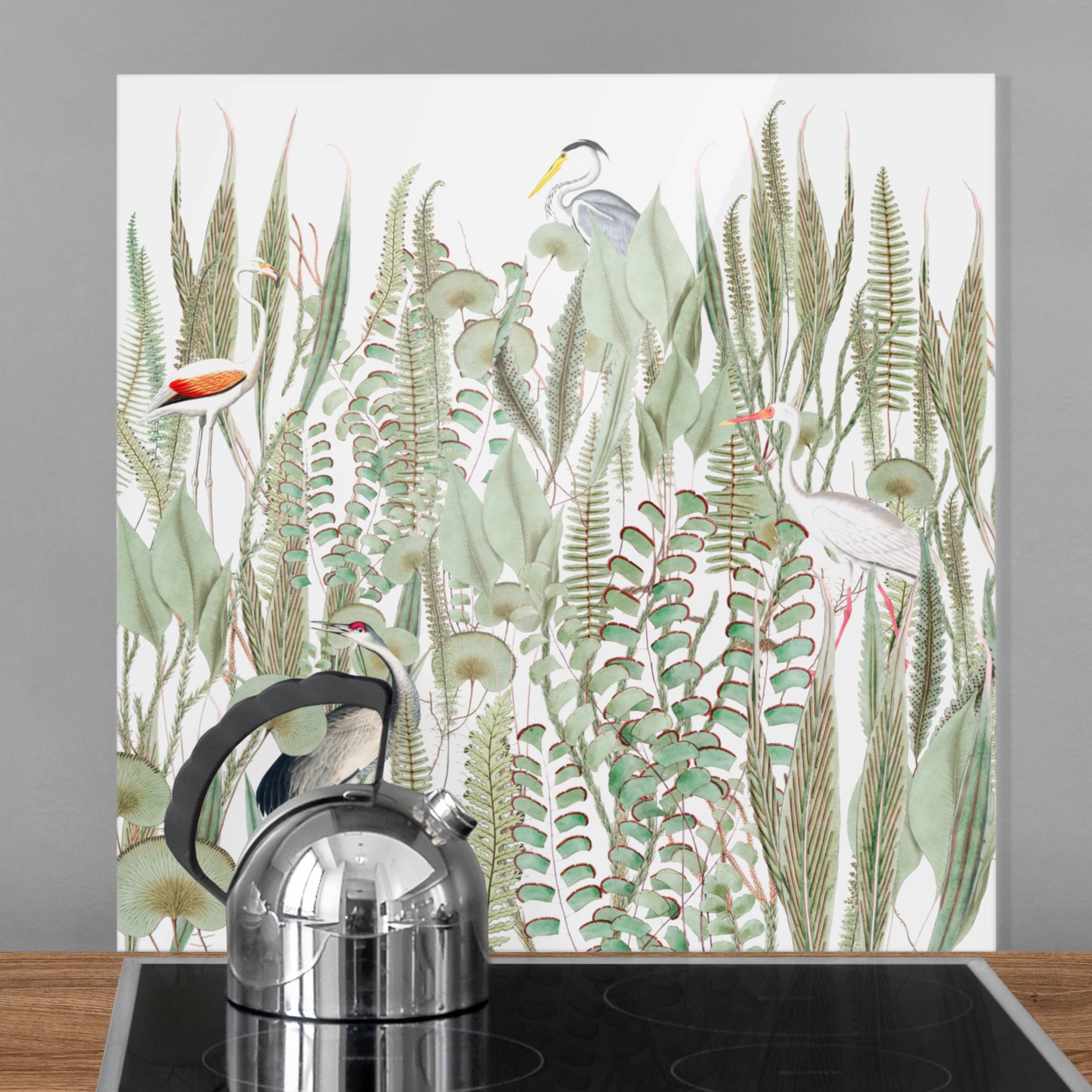 Spritzschutz Flamingo und Storch mit Pflanzen