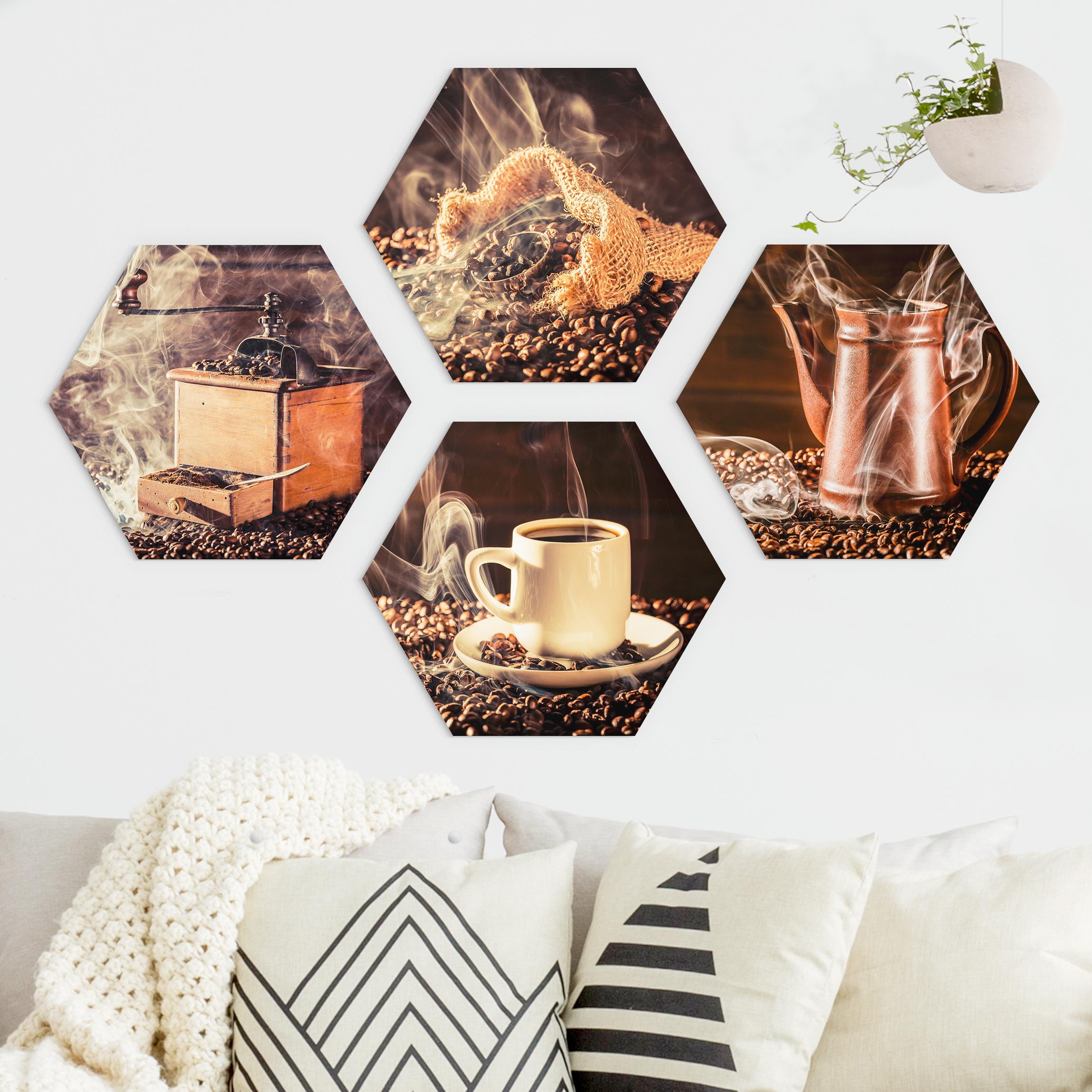 4-teiliges Hexagon-Alu-Dibond Bild Kaffee - Dampf