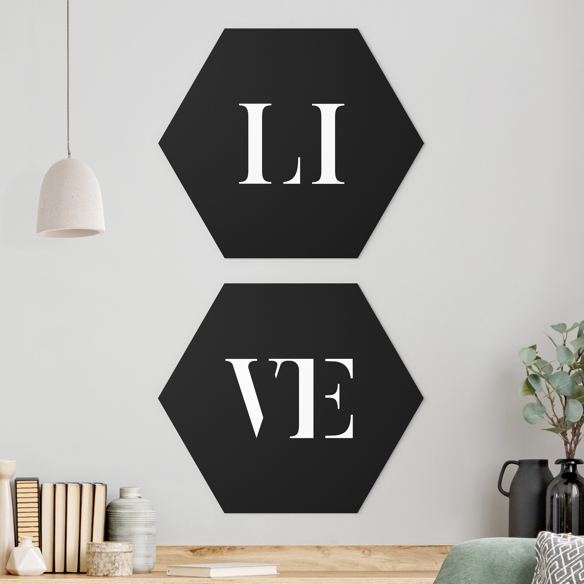 2-teiliges Hexagon-Alu-Dibond Bild Buchstaben LIVE Weiß Set I