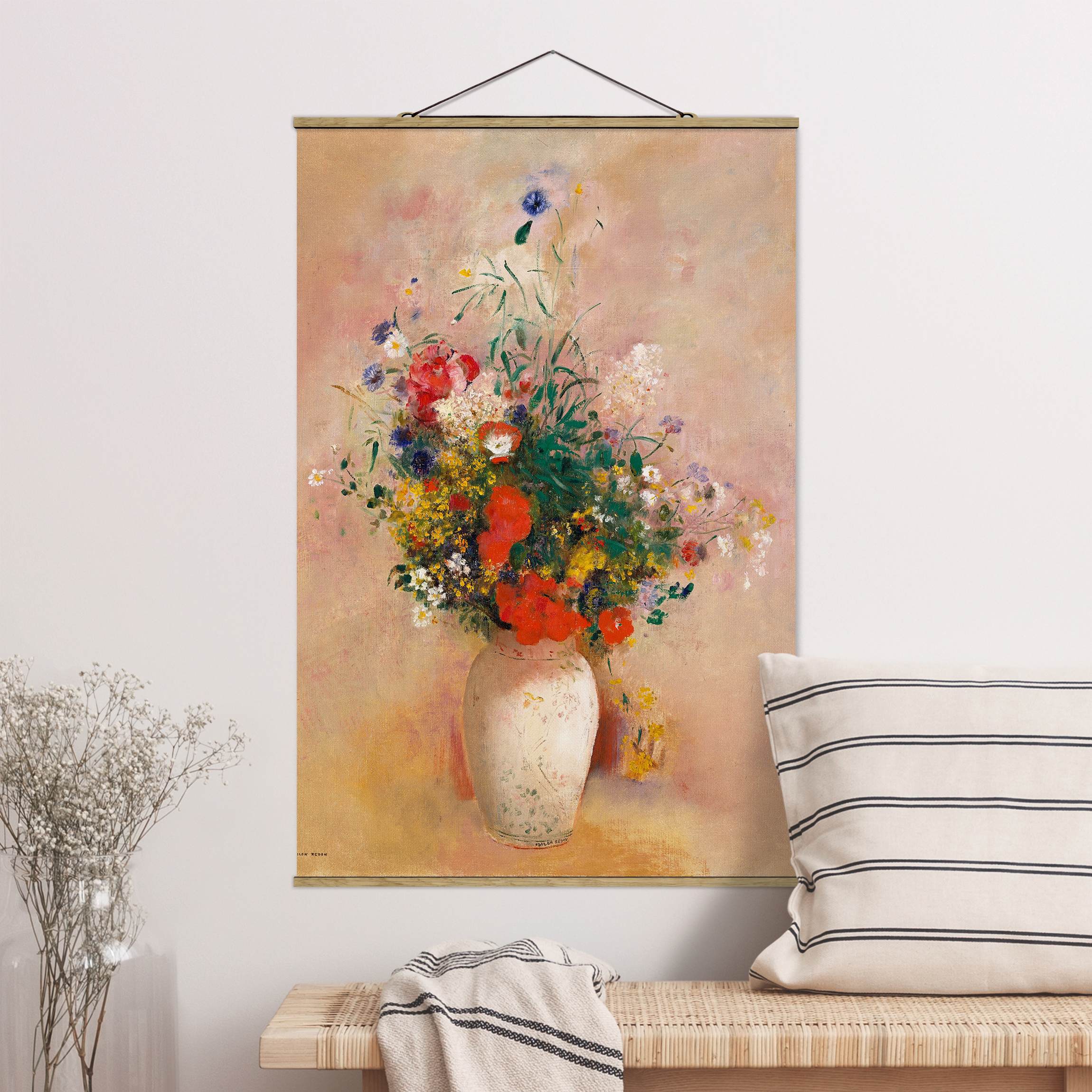 Stoffbild - Hochformat Odilon Redon - Vase mit Blumen (rosenfarbener Hintergrund)