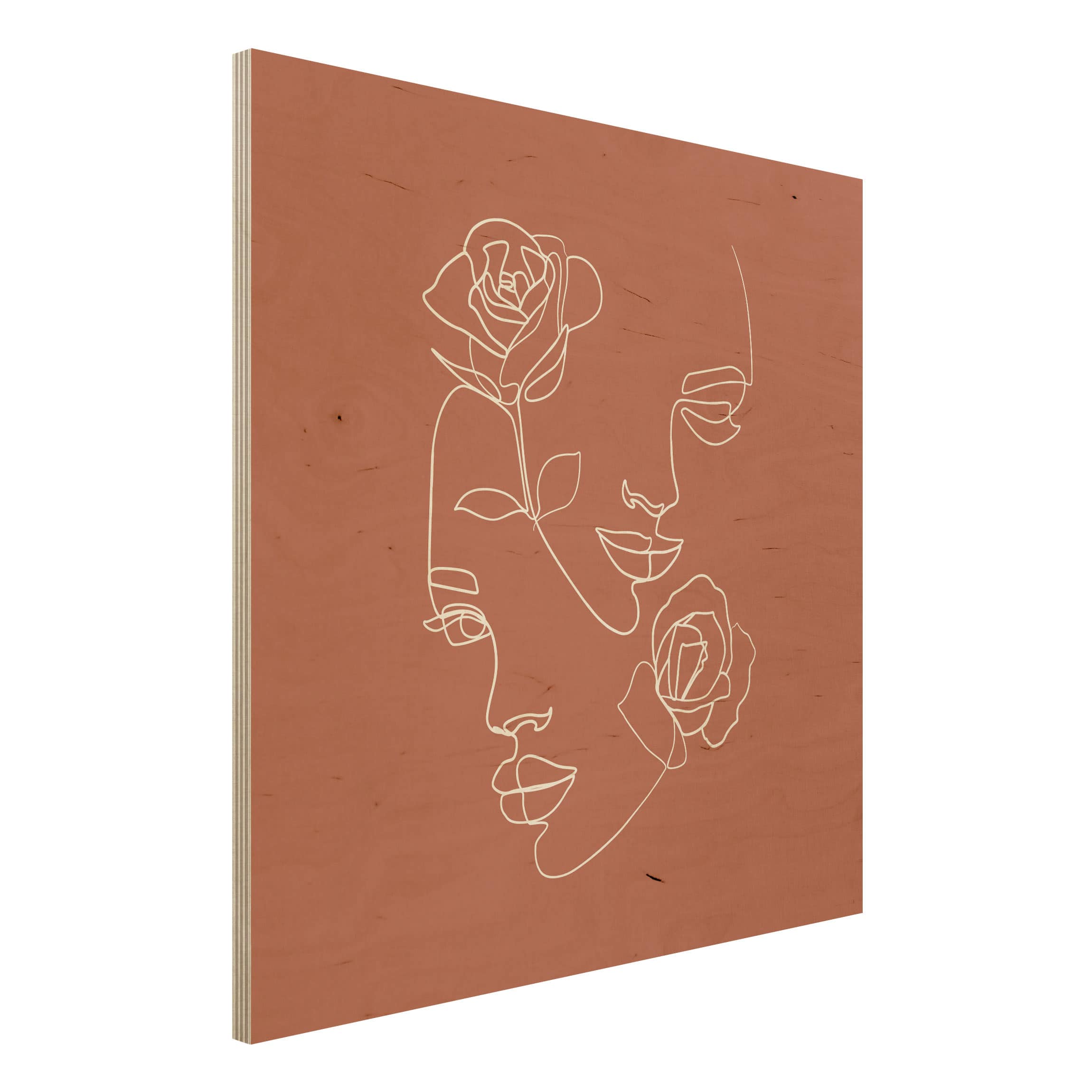 Holzbild - Quadrat Line Art Gesichter Frauen Rosen Kupfer