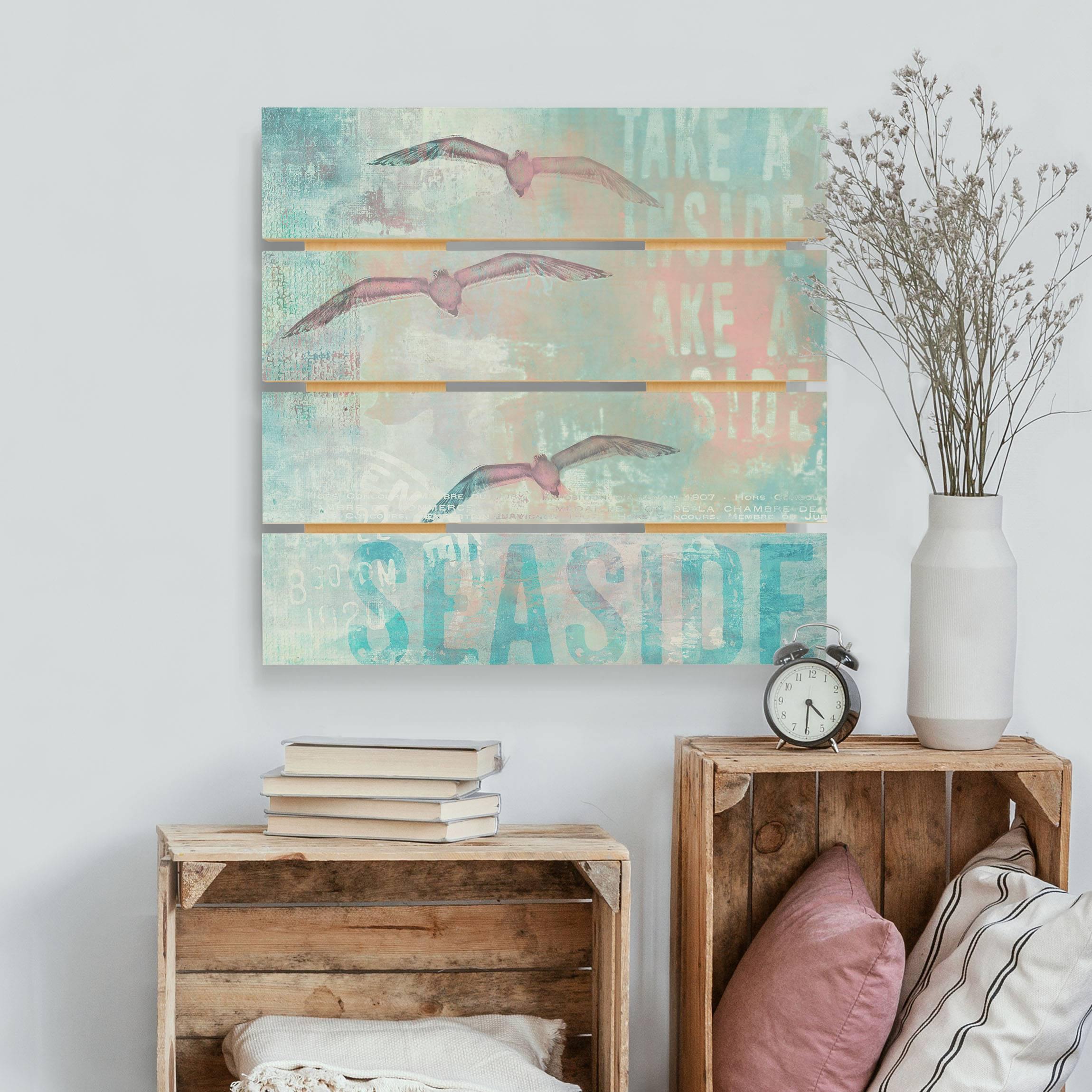 Holzbild Plankenoptik Shabby Chic Collage - Möwen