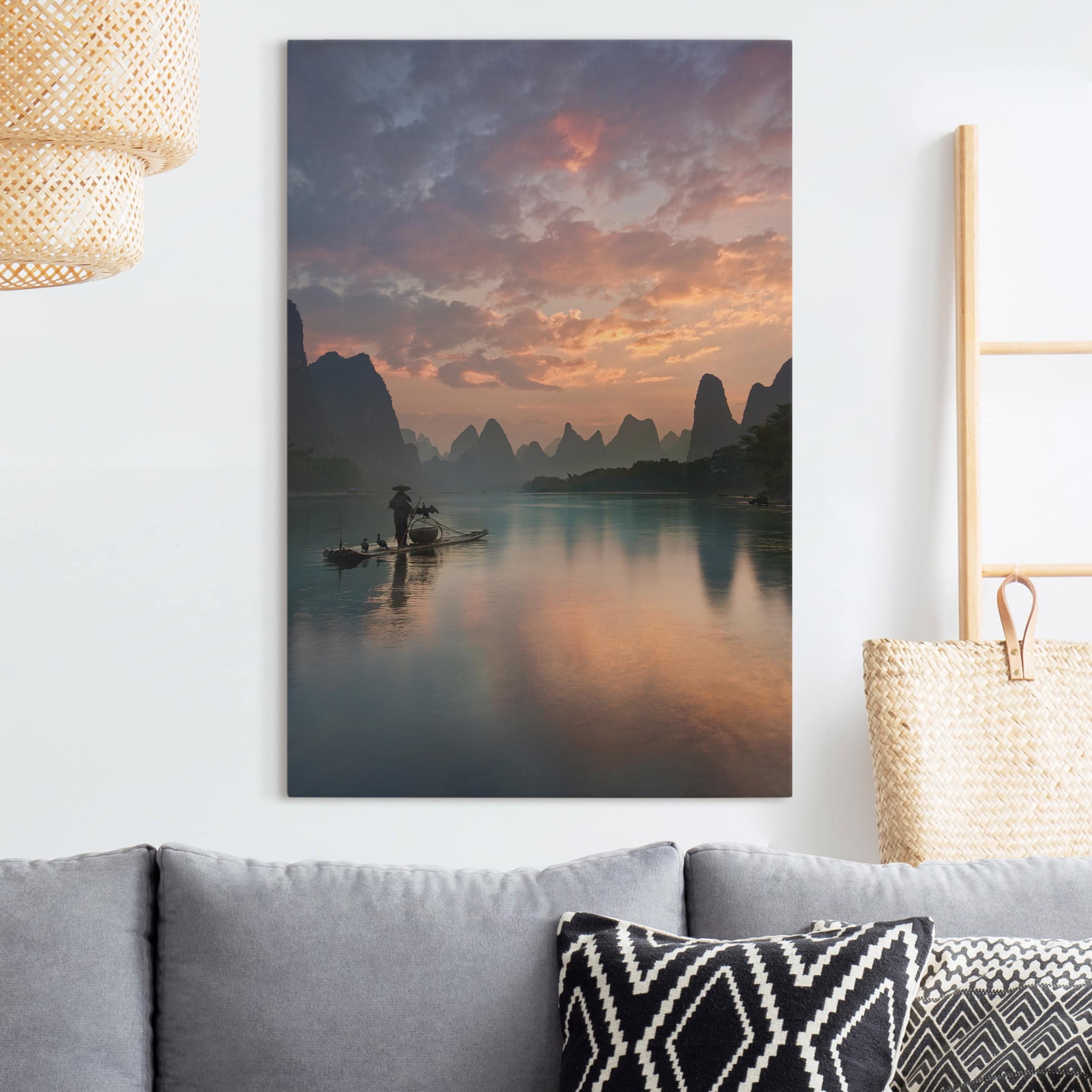 Leinwandbild - Querformat Sonnenaufgang über chinesischem Fluss