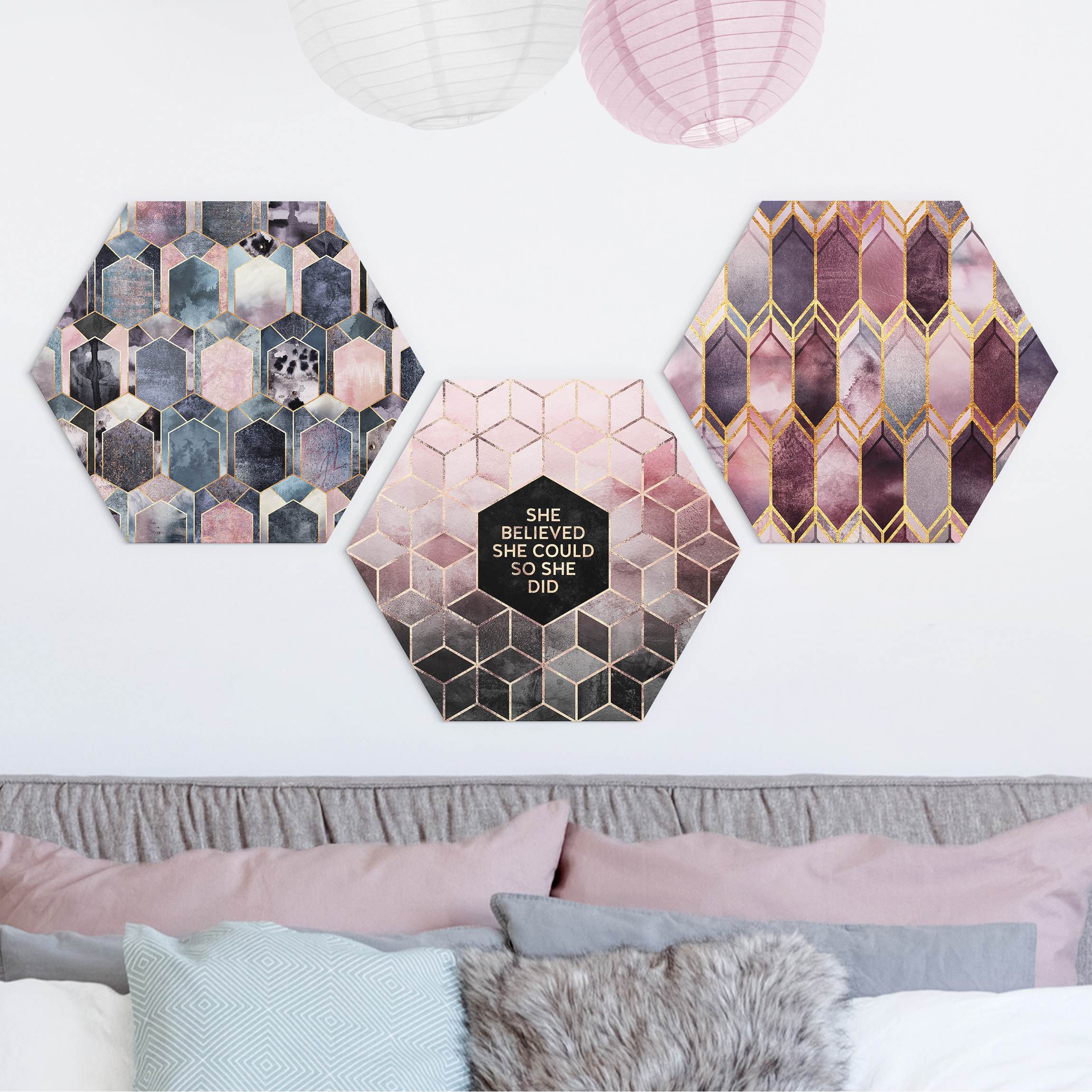 3-teiliges Hexagon-Alu-Dibond Bild She Believed Art Deco Set Rosé Gold Set II
