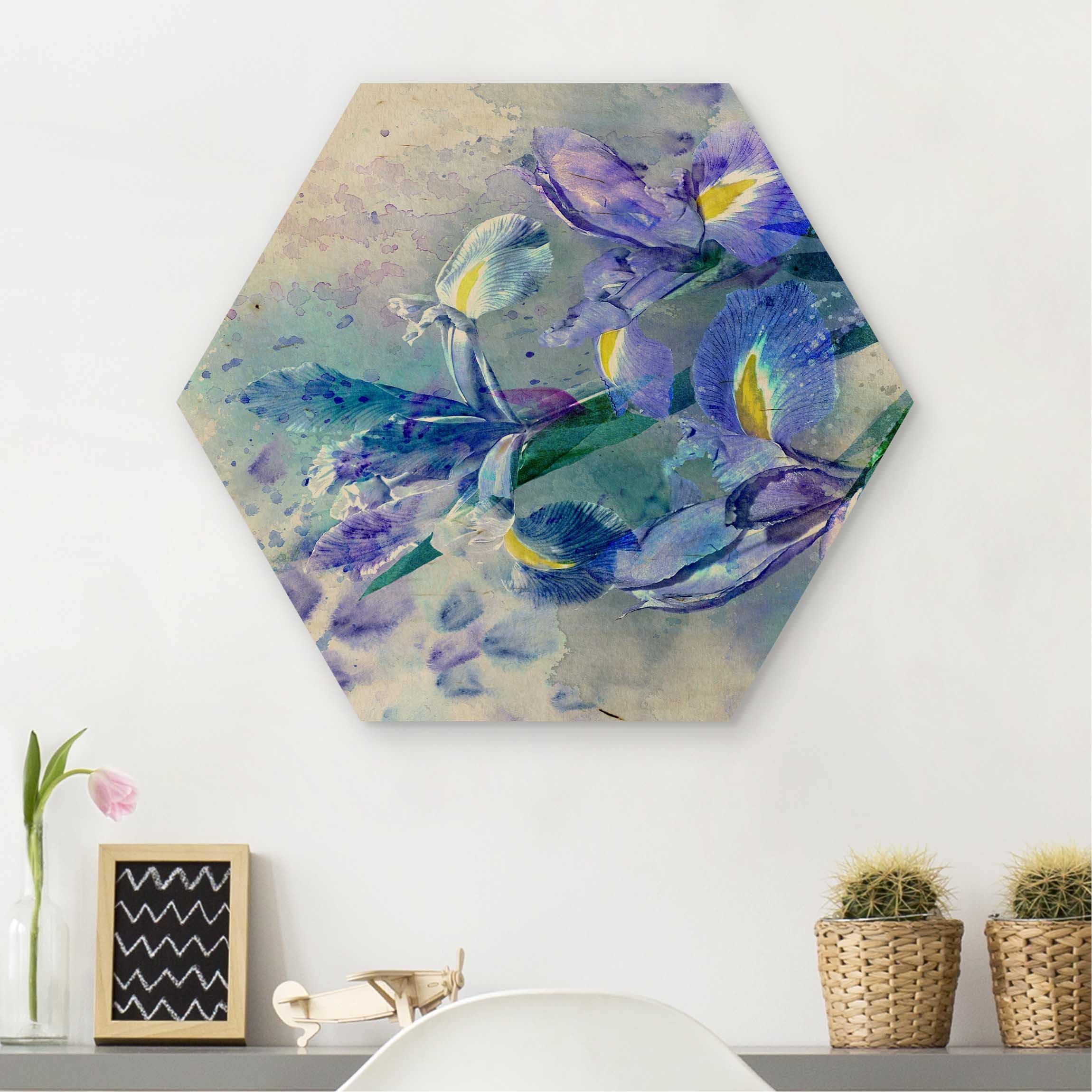 Hexagon-Holzbild Aquarell Blumen Iris
