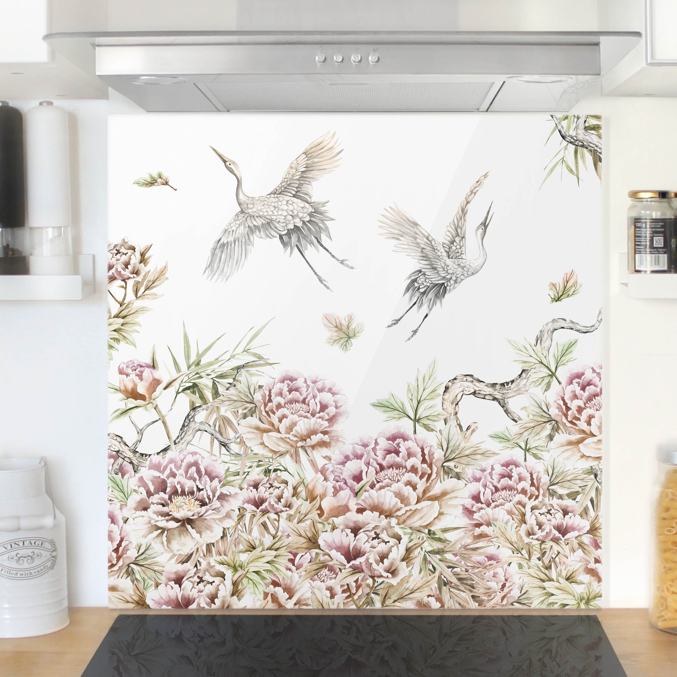 Glas Spritzschutz Aquarell Störche im Flug mit Rosen