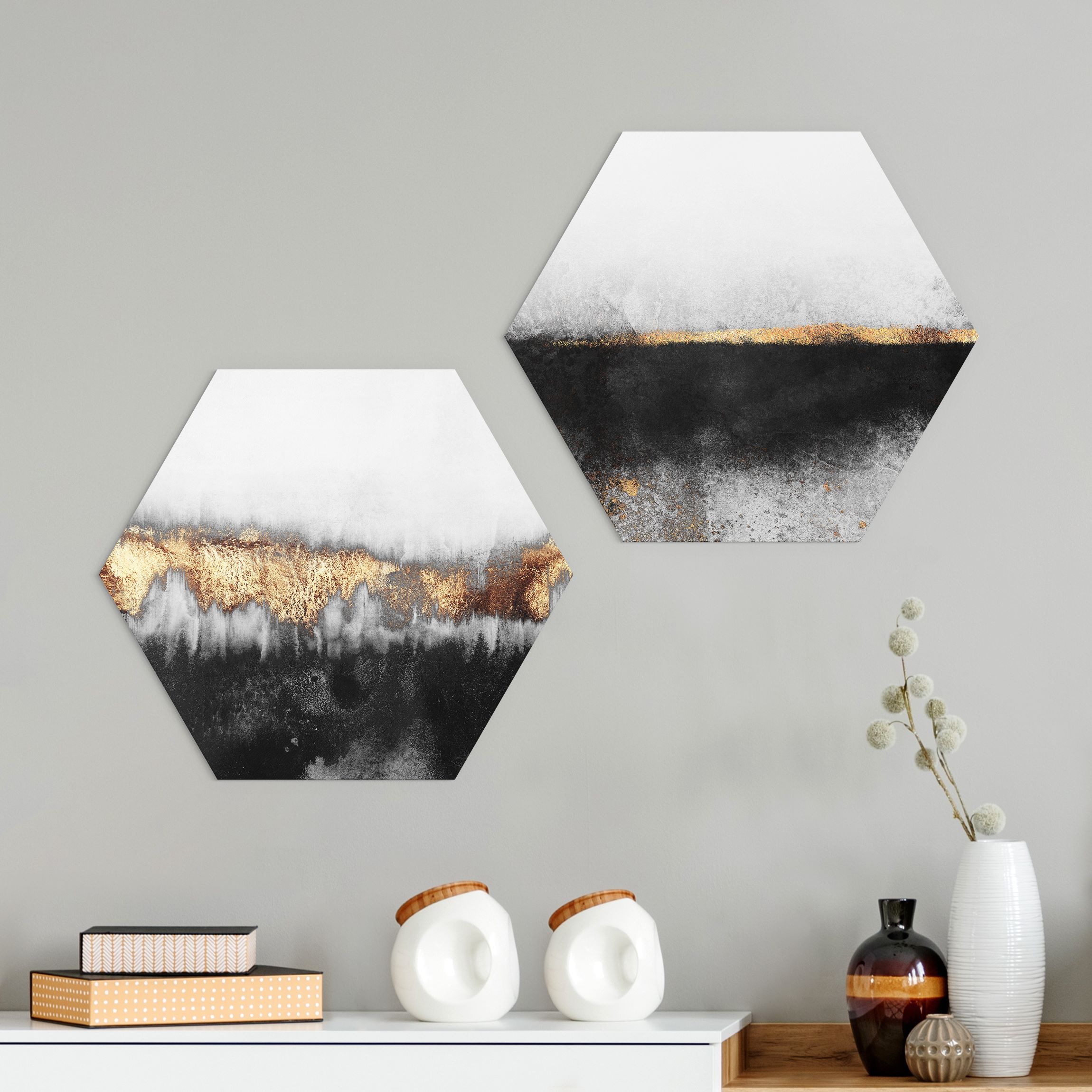 2-teiliges Hexagon-Alu-Dibond Bild Abstrakte Goldene Horizonte in Aquarell
