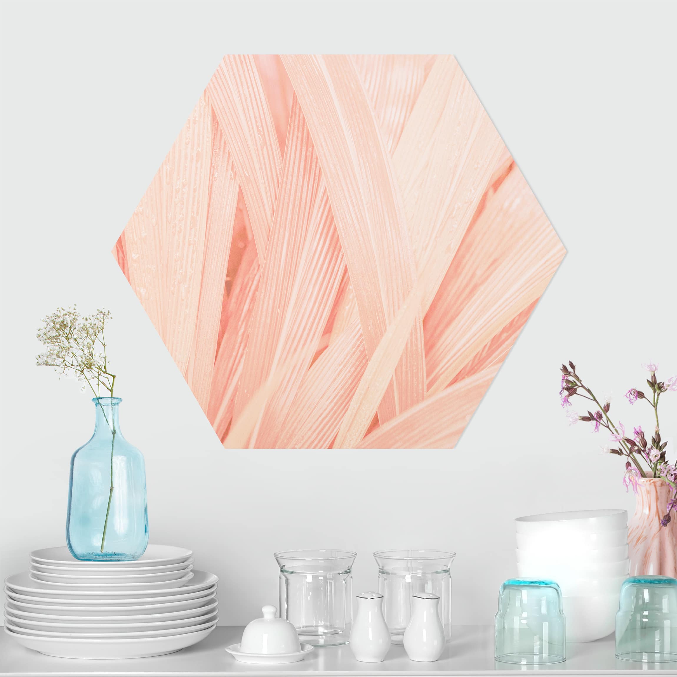 Hexagon-Alu-Dibond Bild Palmenblätter Rosa