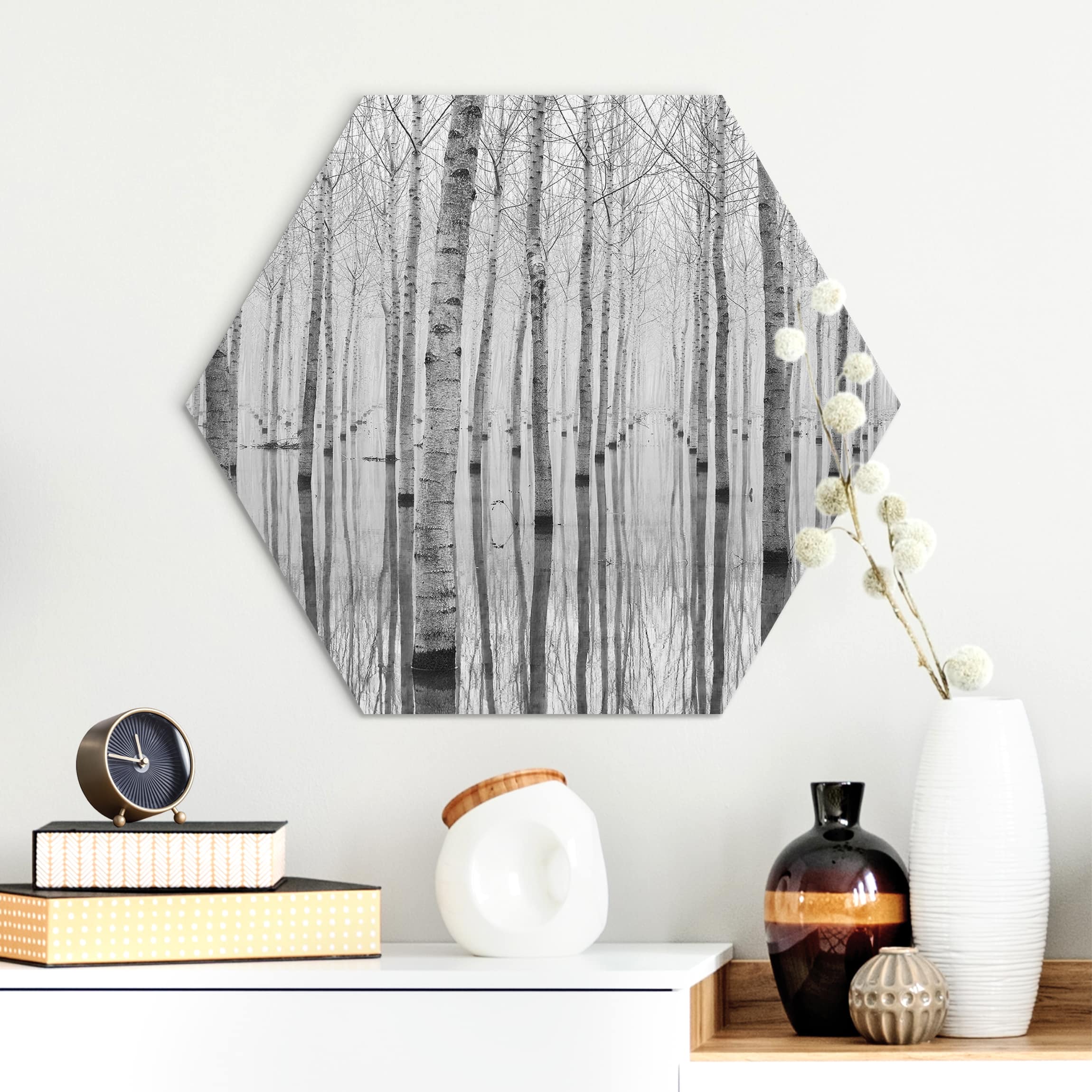 Hexagon-Alu-Dibond Bild Birken im November