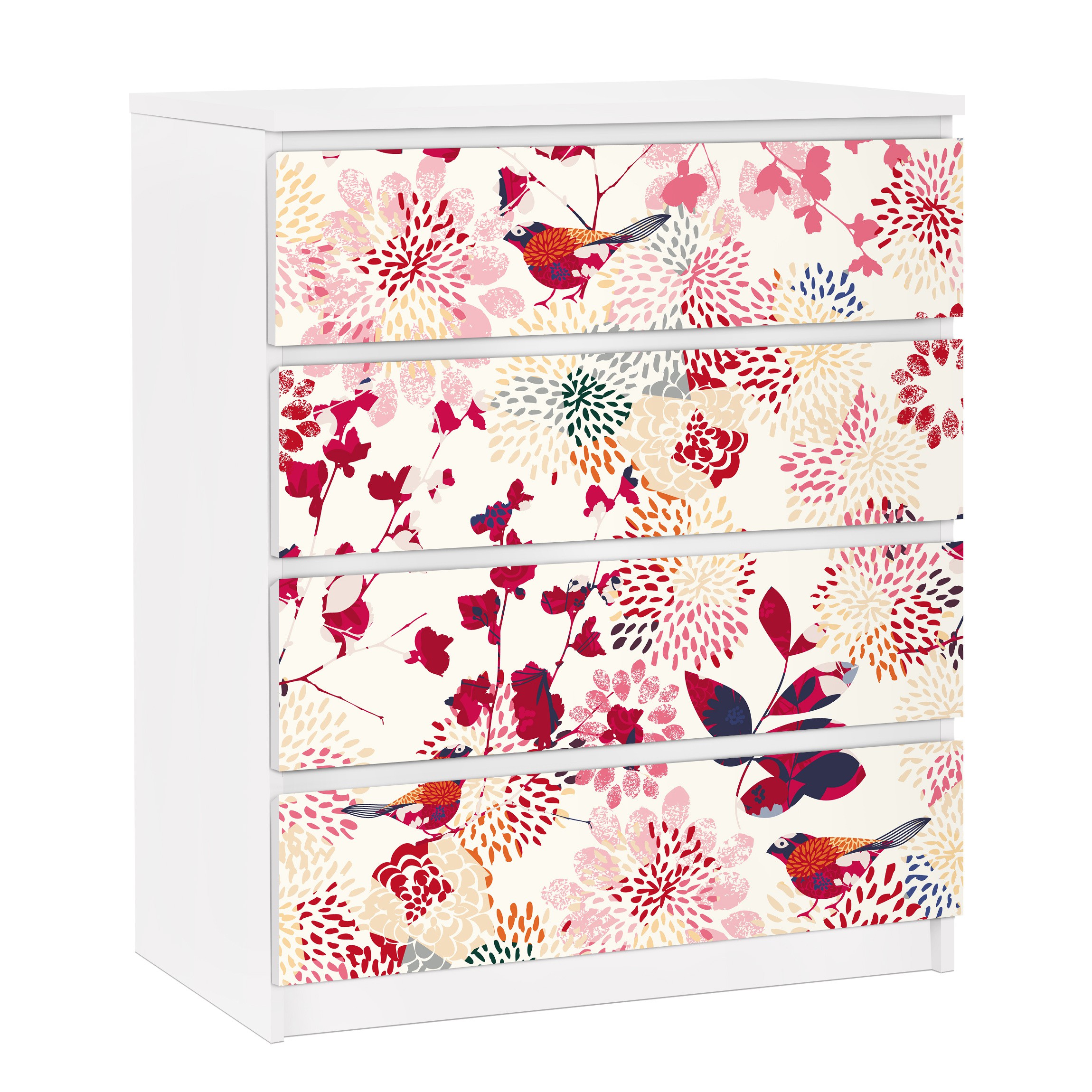 Möbelfolie für IKEA Malm Kommode 4 Schubladen Fancy Birds