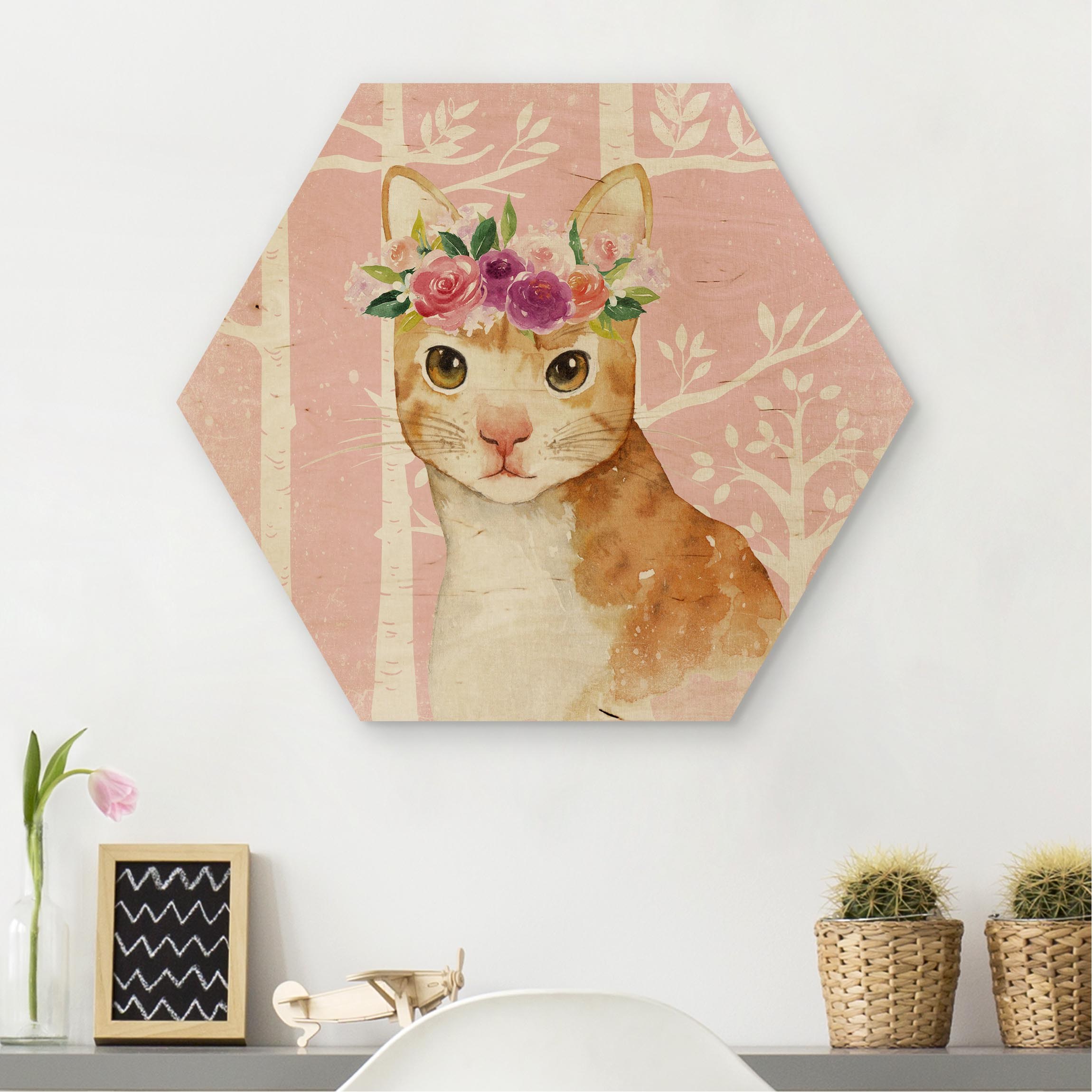 Hexagon-Holzbild Aquarell Katze Rosa