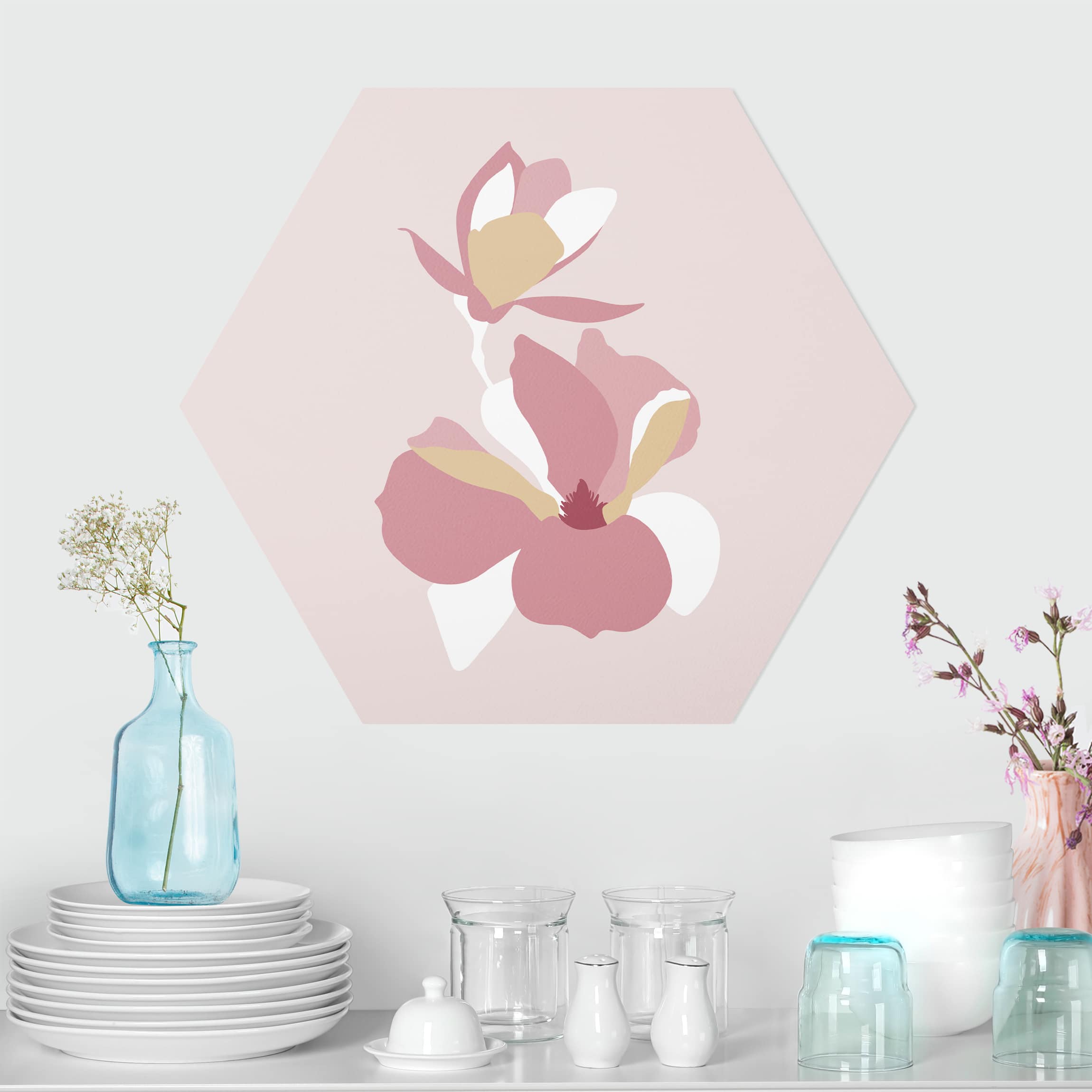 Hexagon-Forexbild Line Art Blüten Pastell Rosa