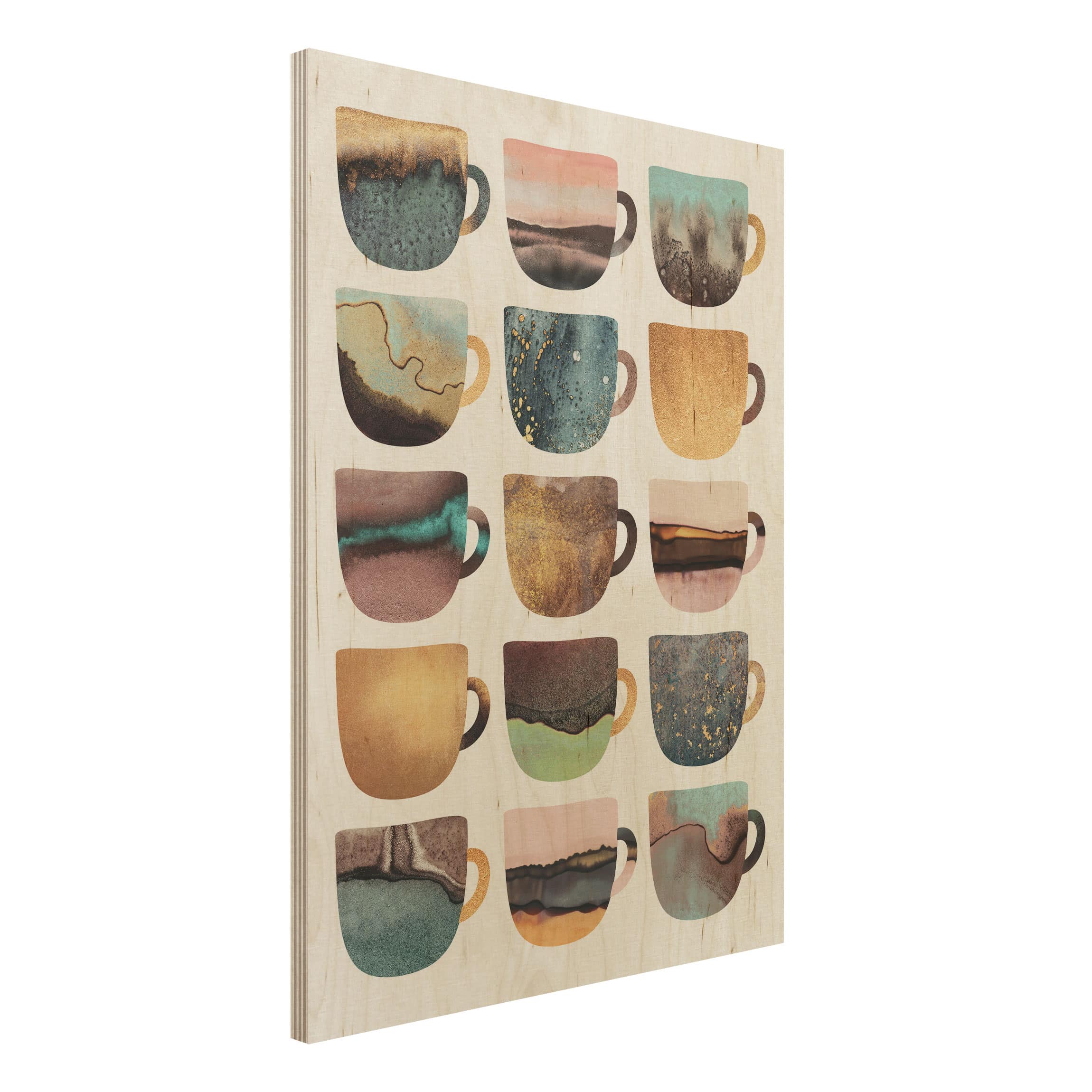 Holzbild - Hochformat 3:4 Bunte Kaffeetassen mit Gold