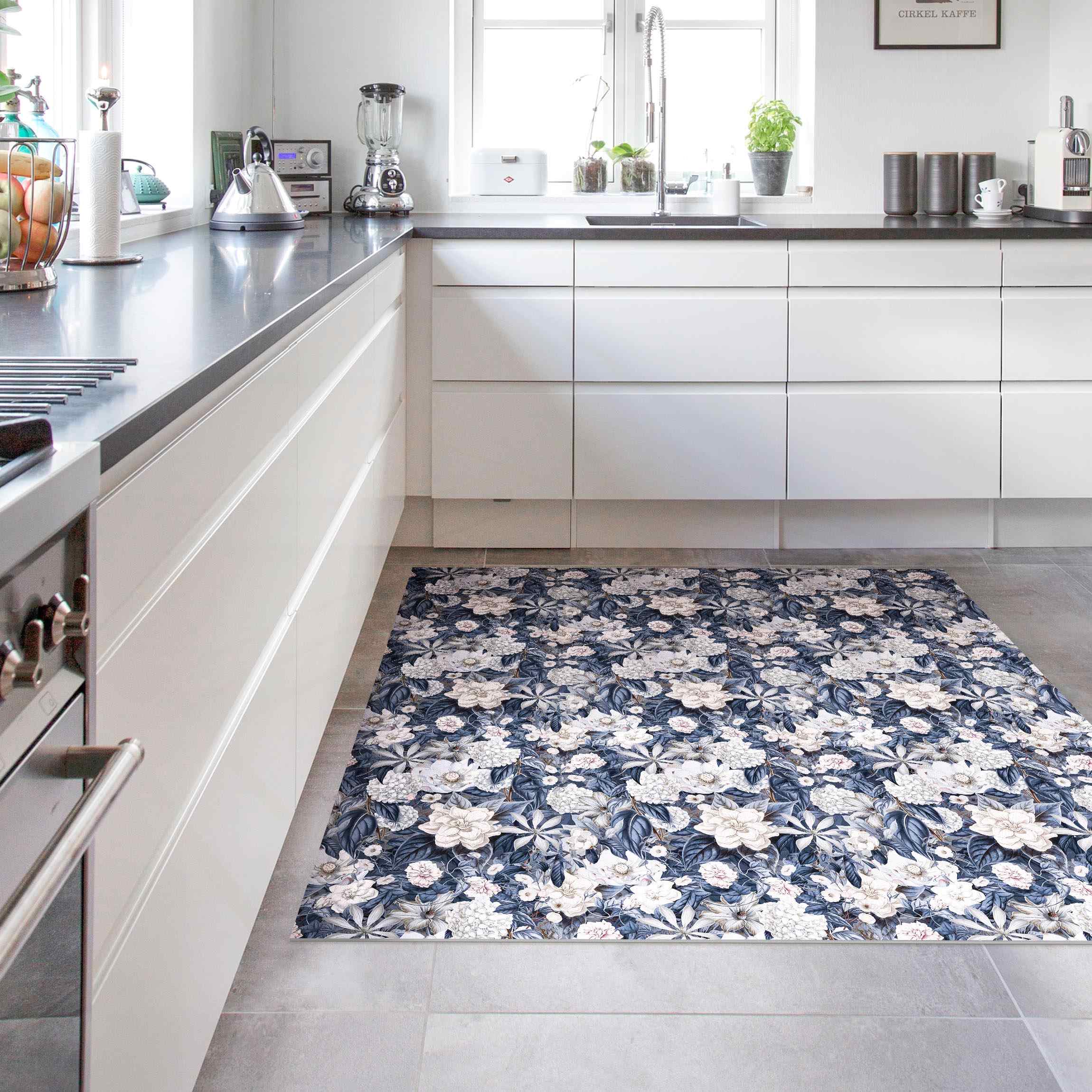 Vinylteppich Weiße Blumen vor Blau