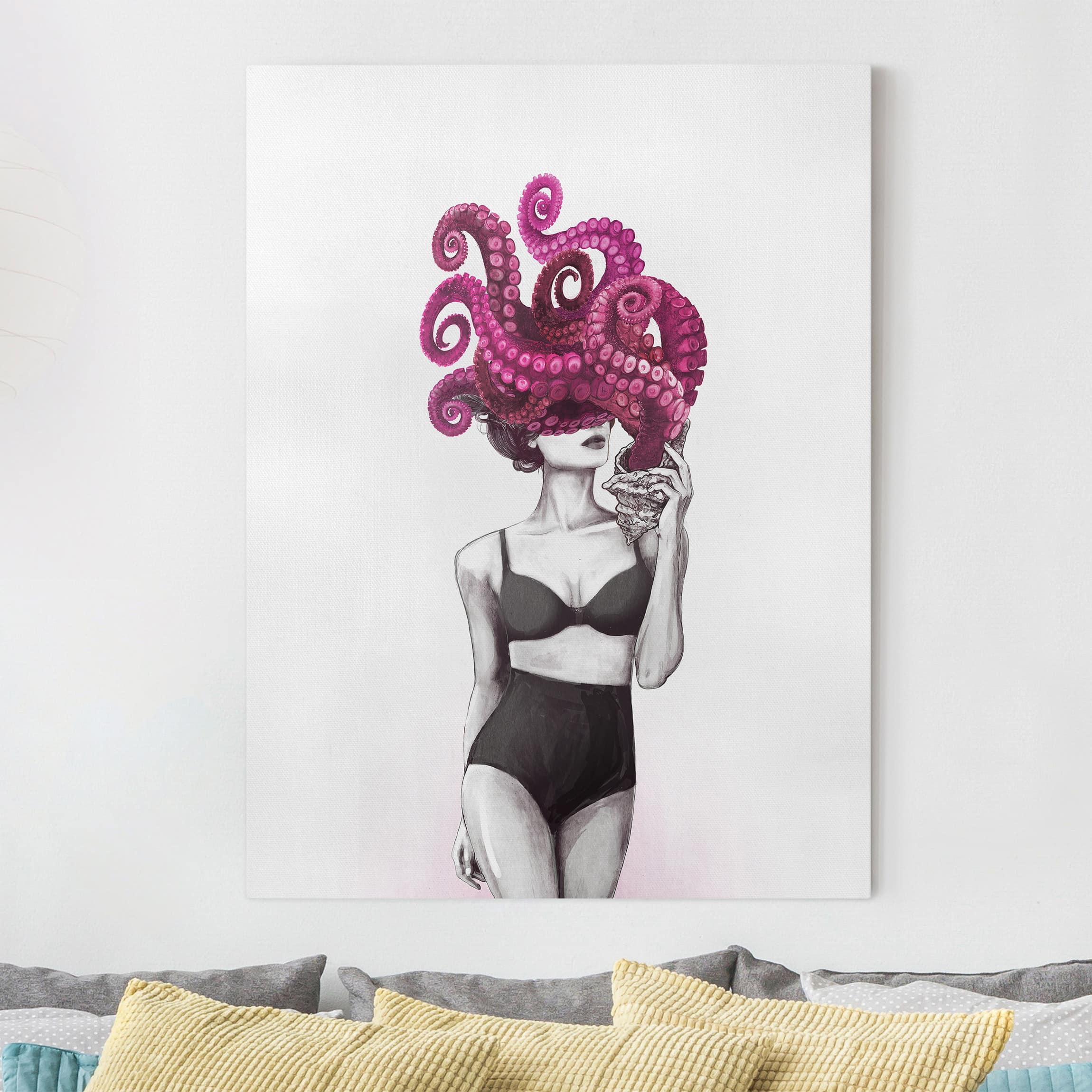 Leinwandbild - Hochformat Illustration Frau in Unterwäsche Schwarz Weiß Oktopus