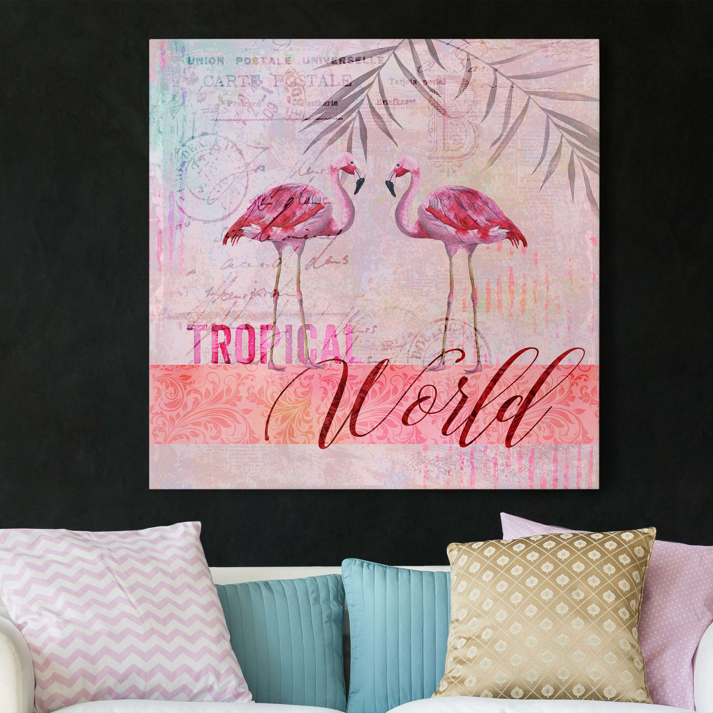 Leinwandbild Vintage Collage - Tropical World Flamingos