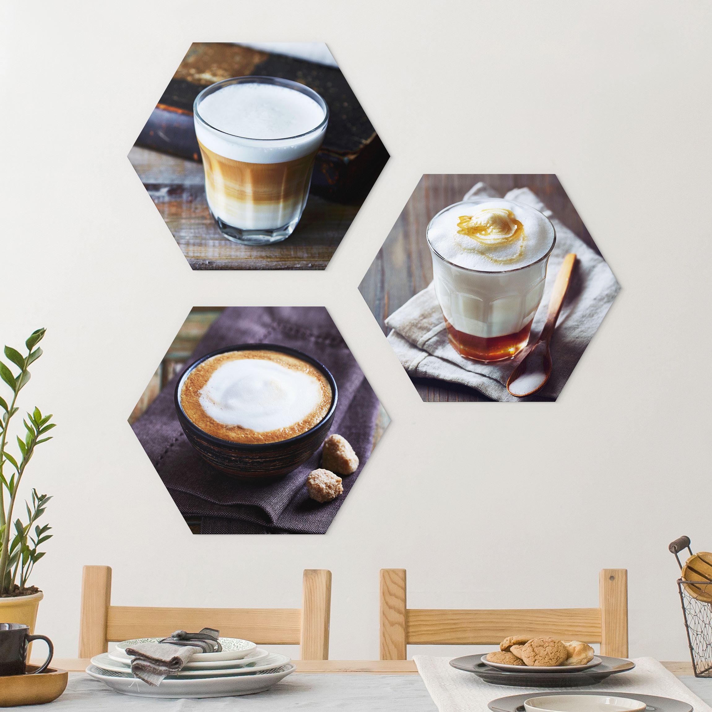 3-teiliges Hexagon-Alu-Dibond Bild Caffè Latte