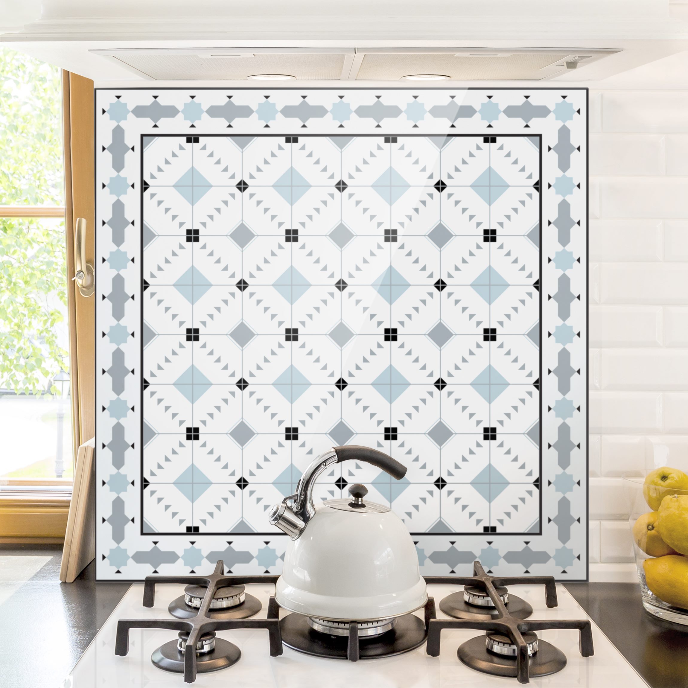 Spritzschutz Geometrische Fliesen Ikat Blau mit Bordüre