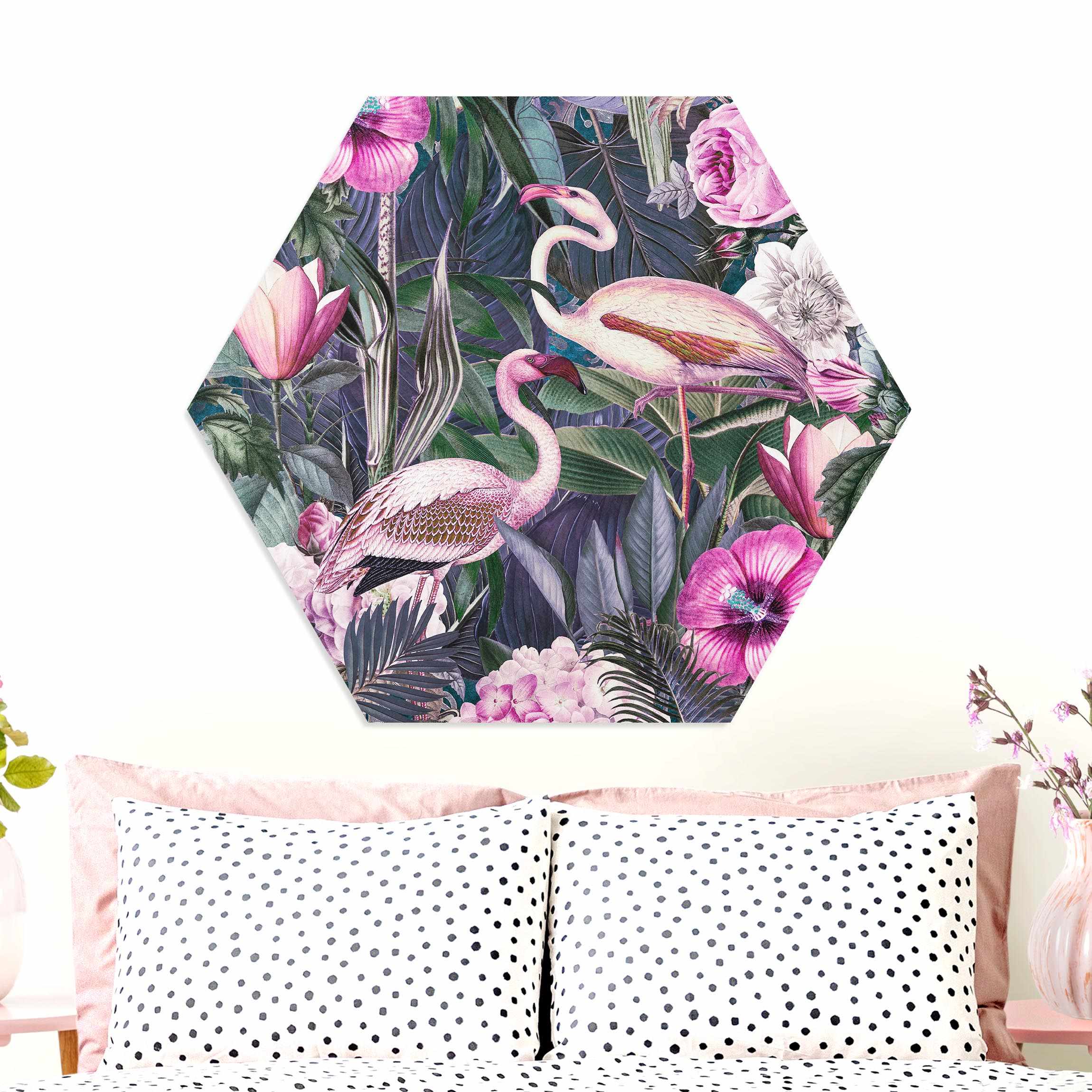 Hexagon-Forexbild Bunte Collage - Pinke Flamingos im Dschungel