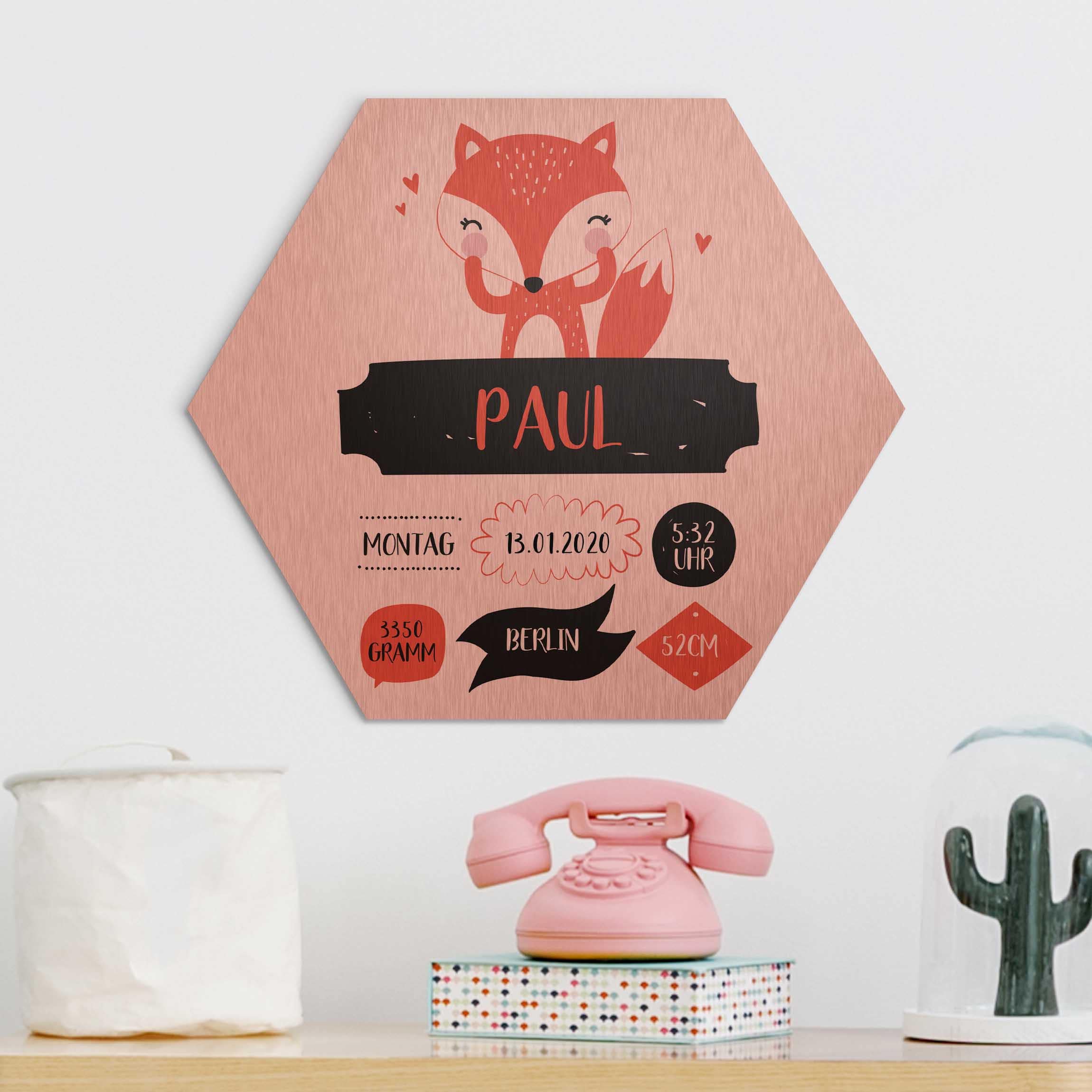 Hexagon-Alu-Dibond Bild Der freche Fuchs Wunschtext