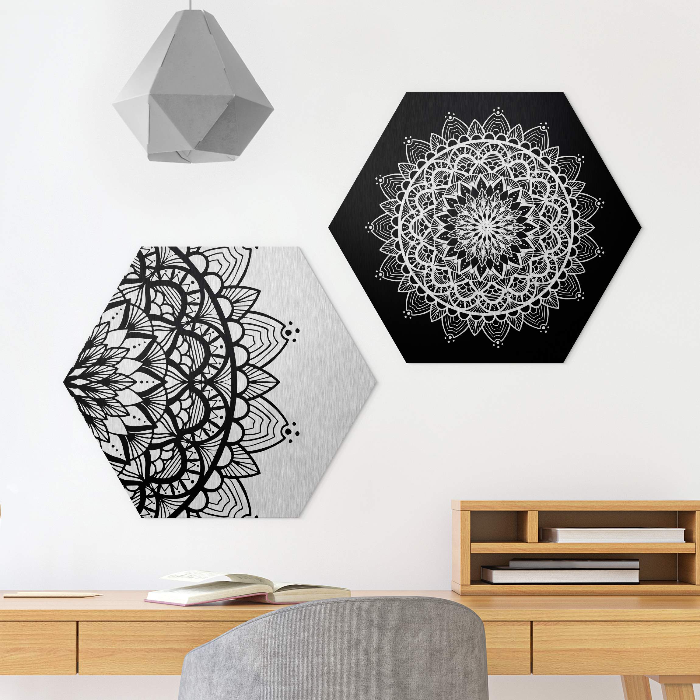 2-teiliges Hexagon-Alu-Dibond Bild Mandala Illustration shabby Set schwarz weiß
