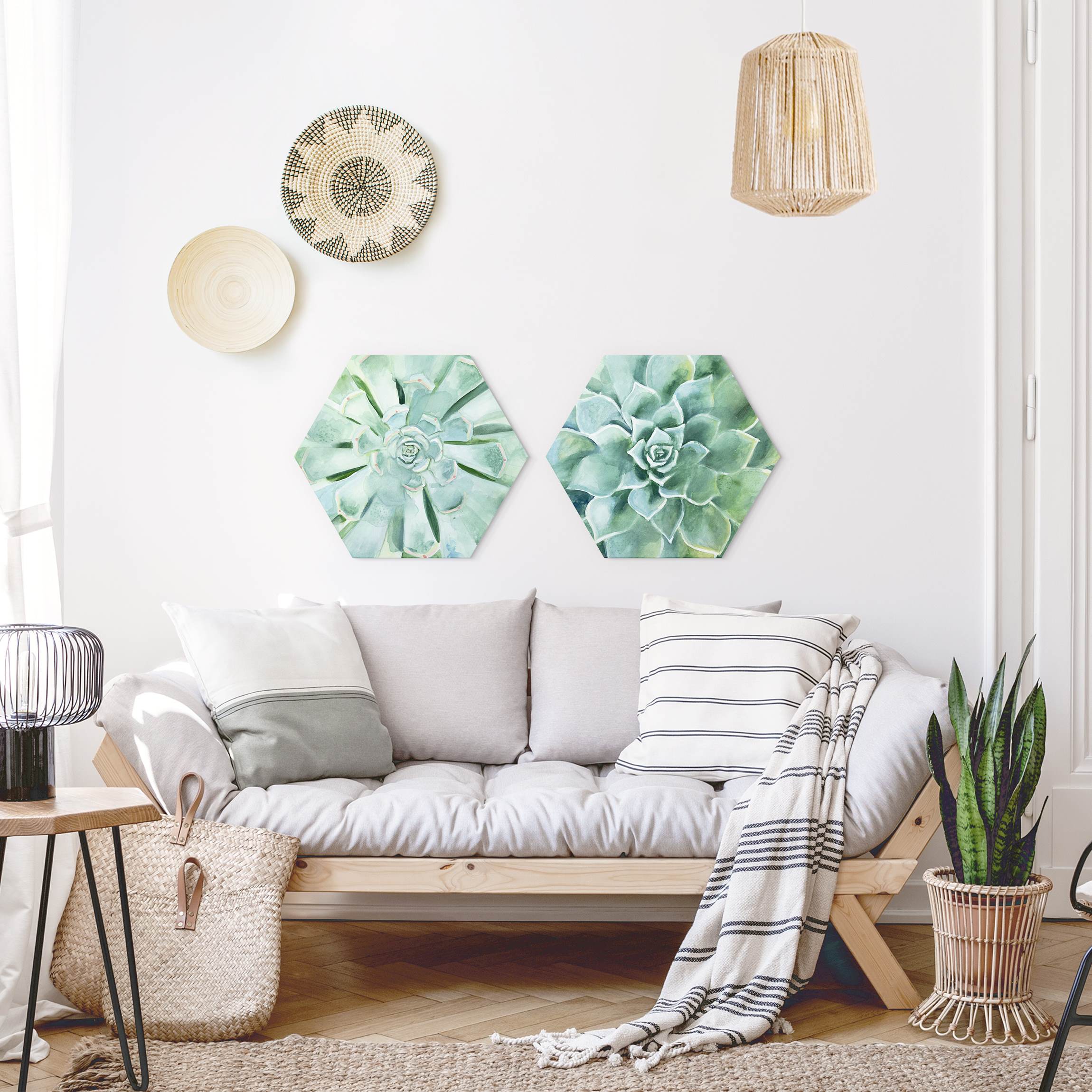 2-teiliges Hexagon-Alu-Dibond Bild Sukkulente Aquarell Set I
