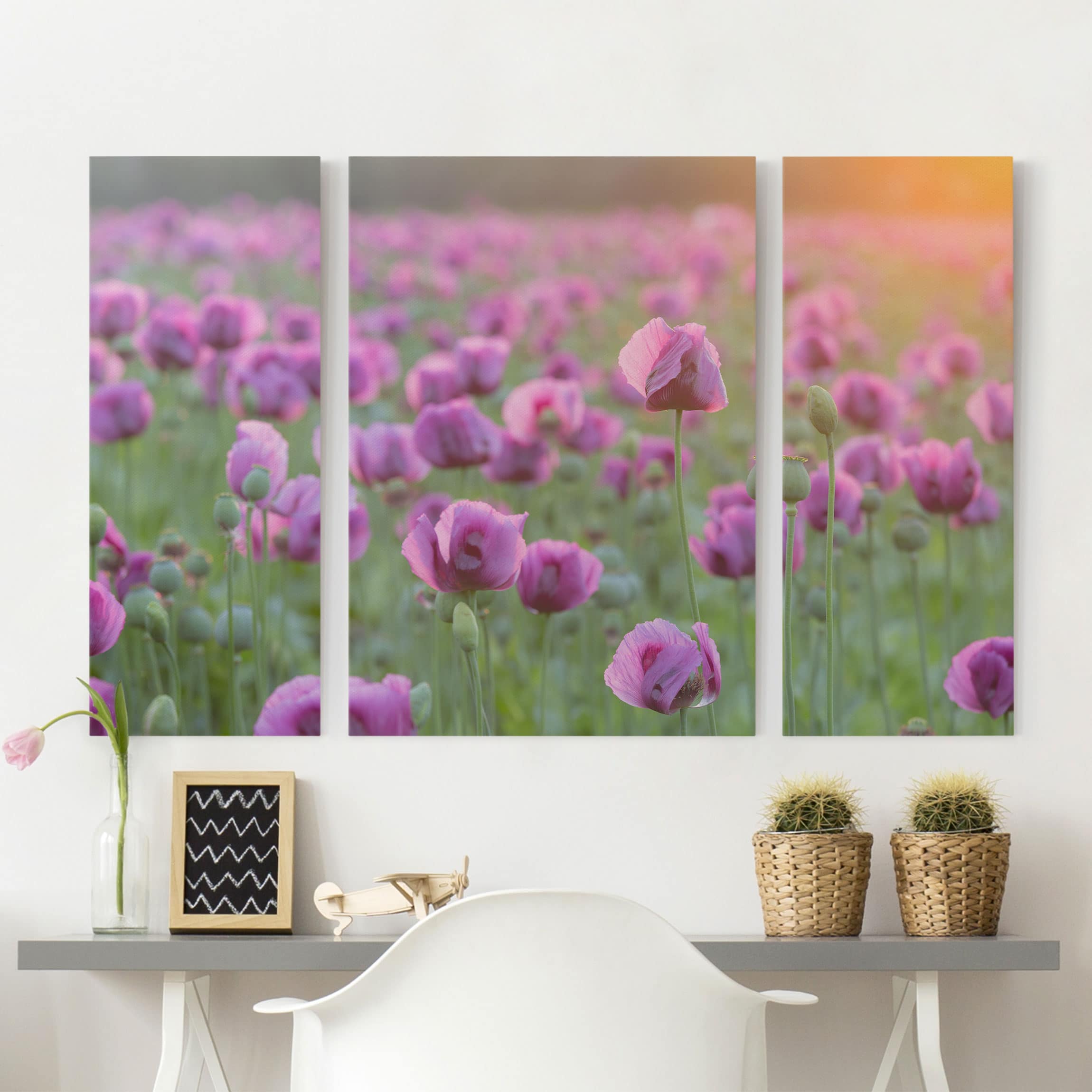 3-teiliges Leinwandbild Blumen Violette Schlafmohn Blumenwiese im Frühling