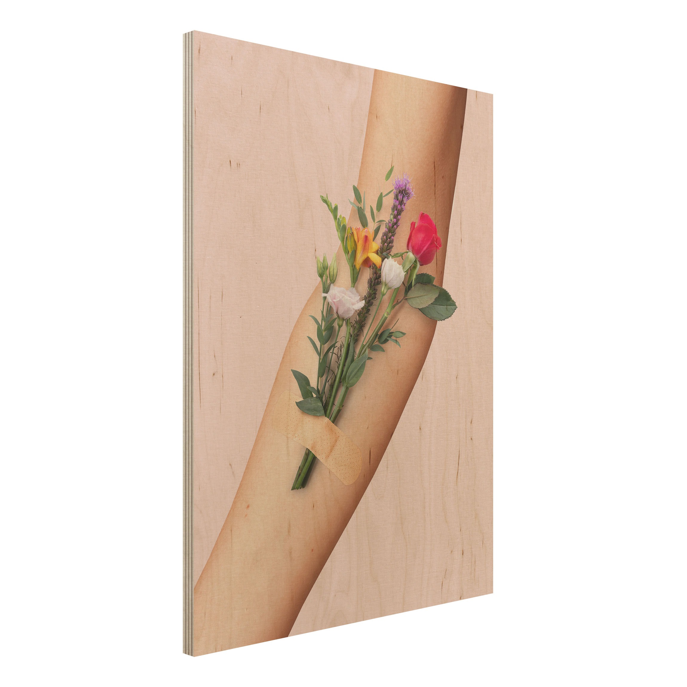 Holzbild - Hochformat 3:4 Arm mit Blumen
