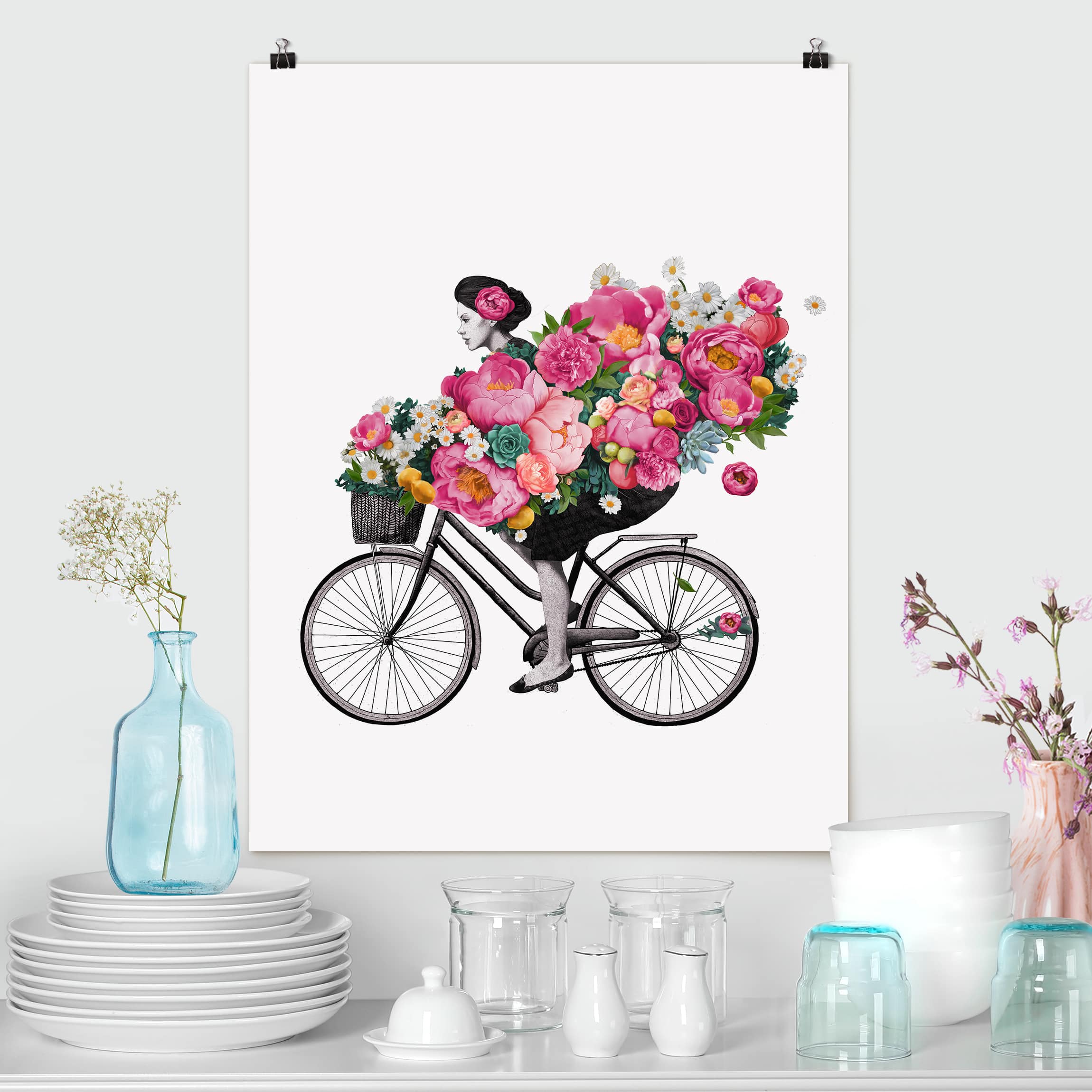 Poster - Hochformat Illustration Frau auf Fahrrad Collage bunte Blumen