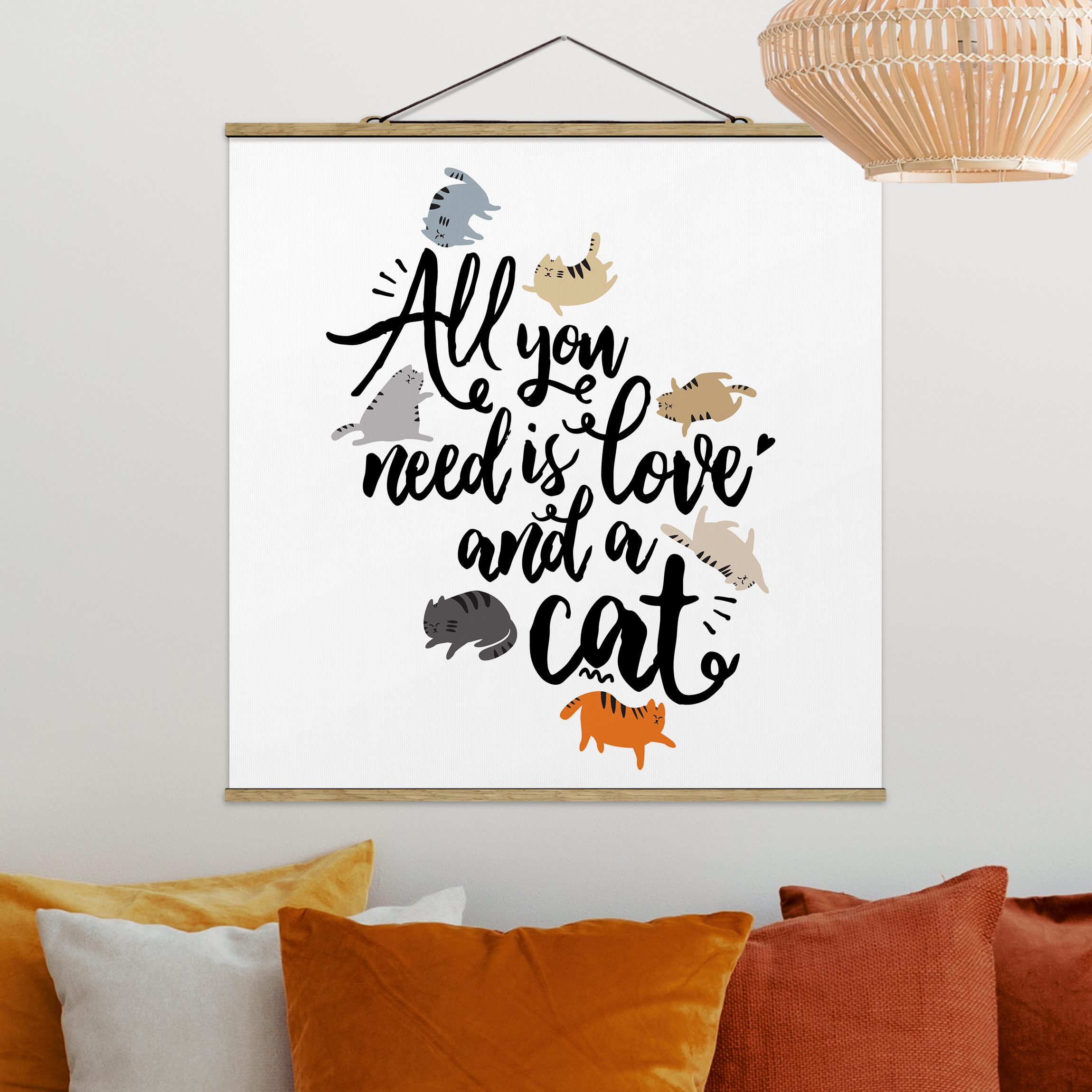 Stoffbild mit Posterleisten All you need is love and a cat